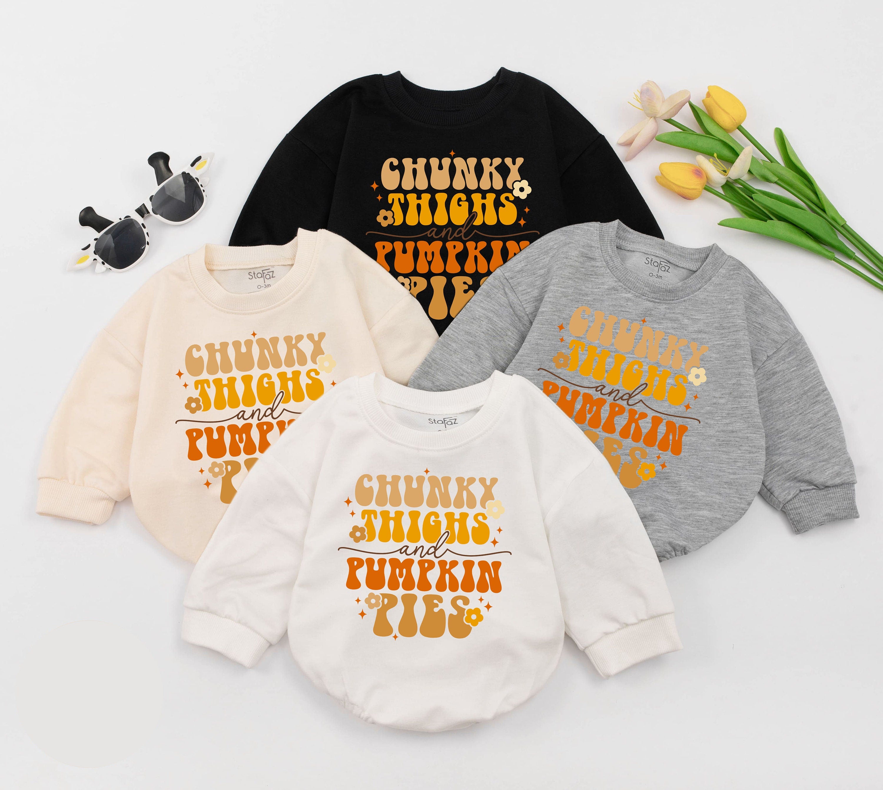 Chunky Thighs and Pumpkin Pies Baby Romper, Cute Thanksgiving Outfit