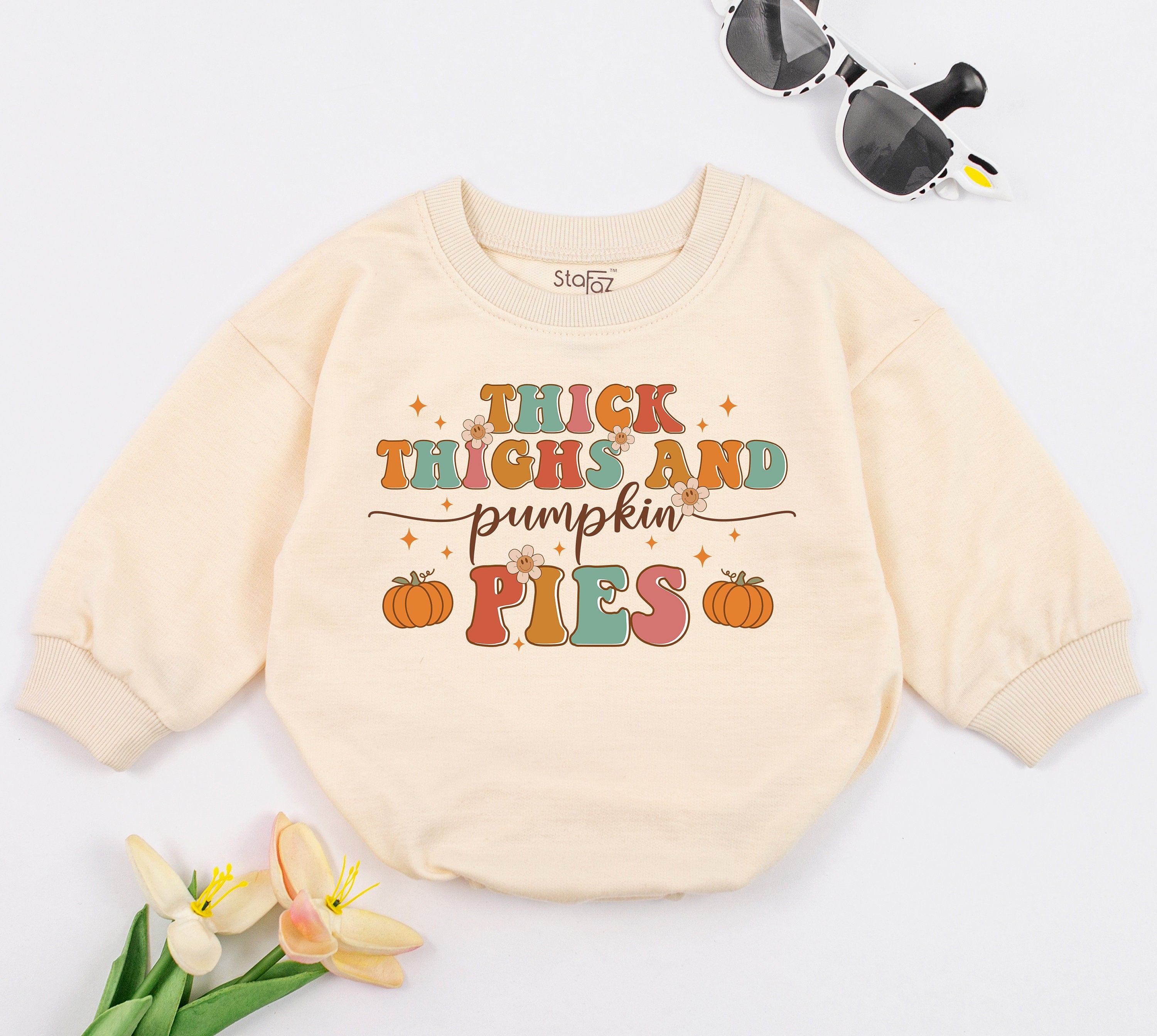 Thick Thighs & Pumpkin Pies Retro Baby Romper for Fall