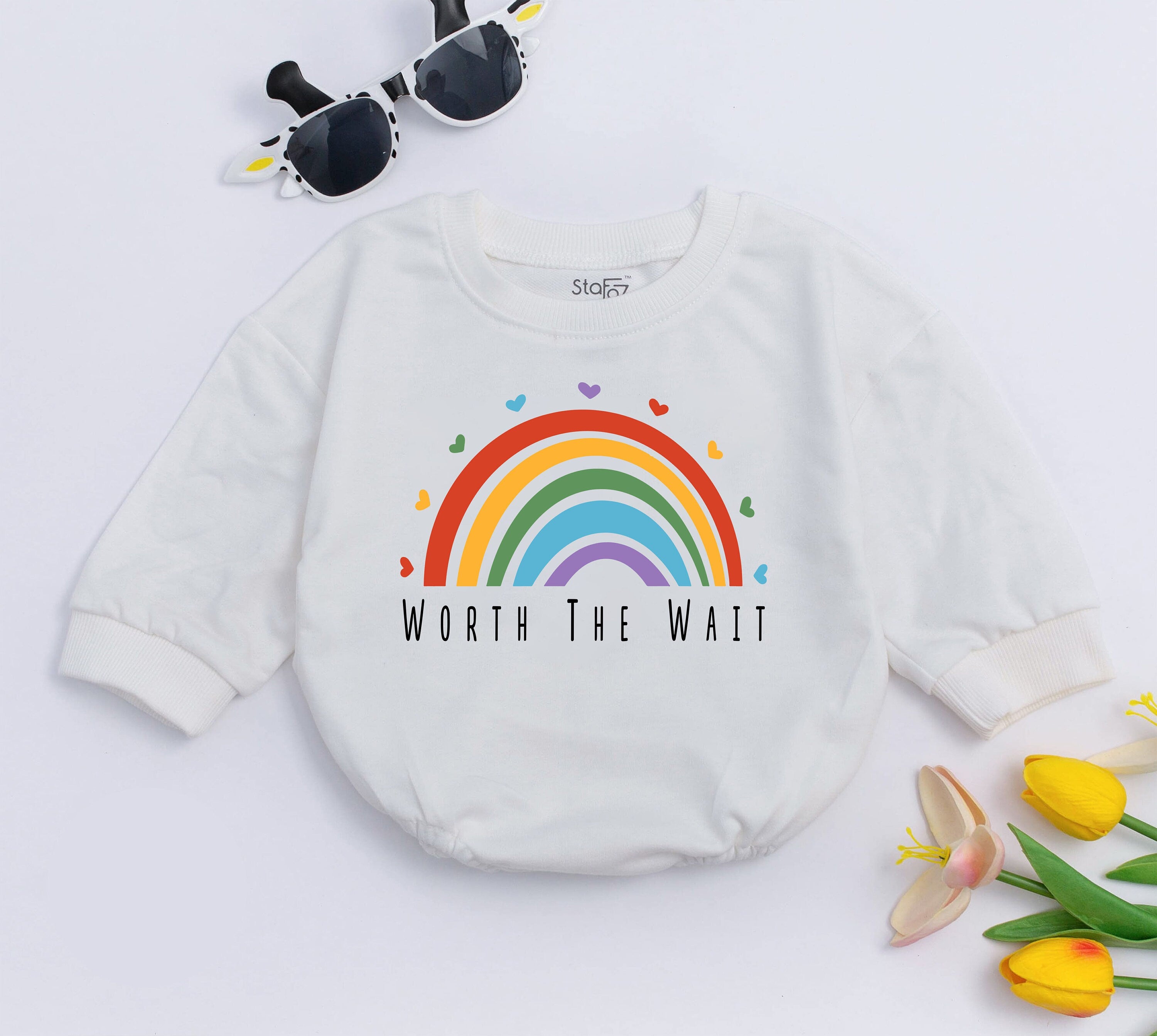 Rainbow Worth The Wait Baby Romper Soft Cotton Bodysuit Cheerful Pregnancy Announcement Gift Baby Reveal Shower Party Outfit