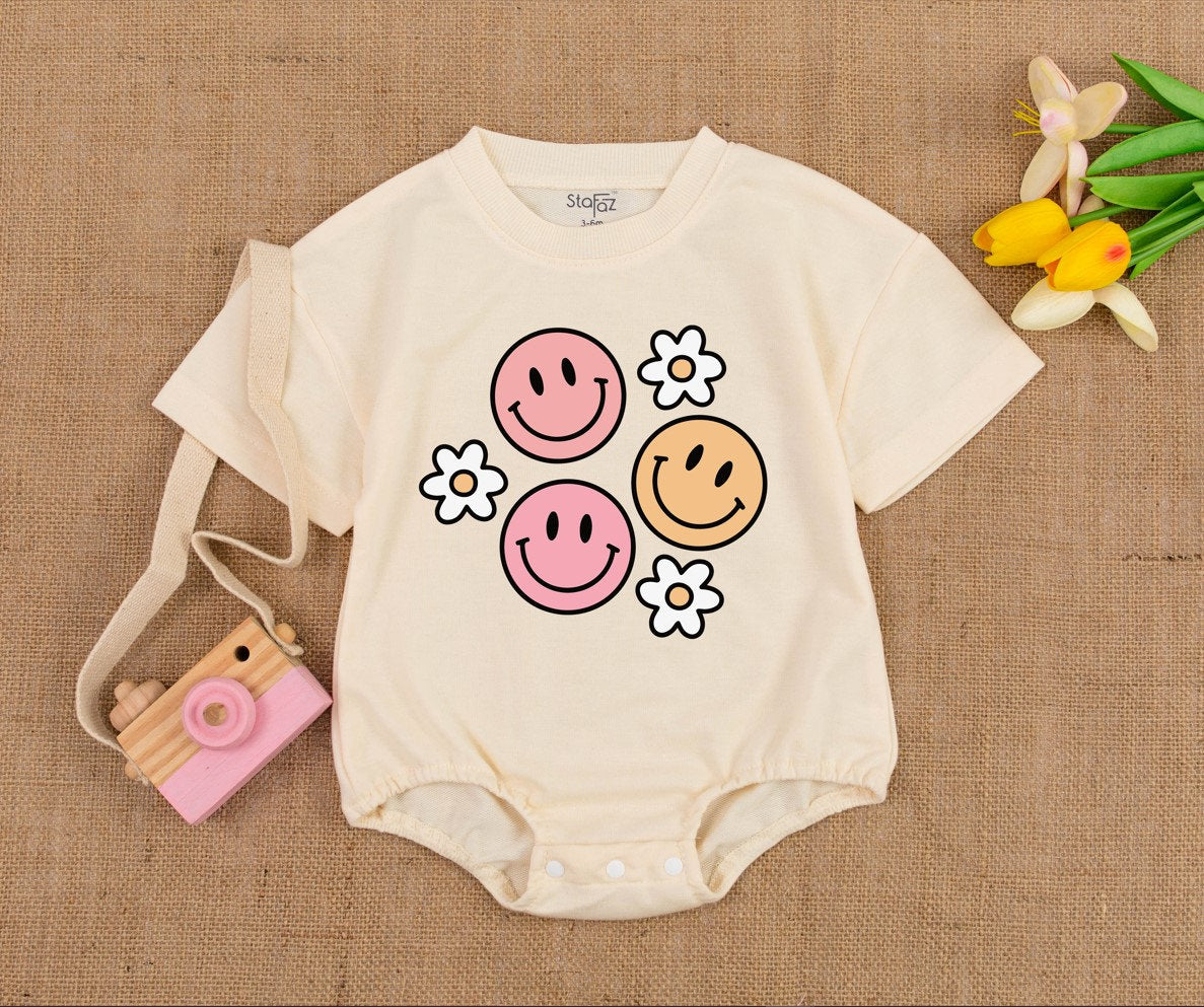 Retro Smiley Face Romper with Daisies for Girls