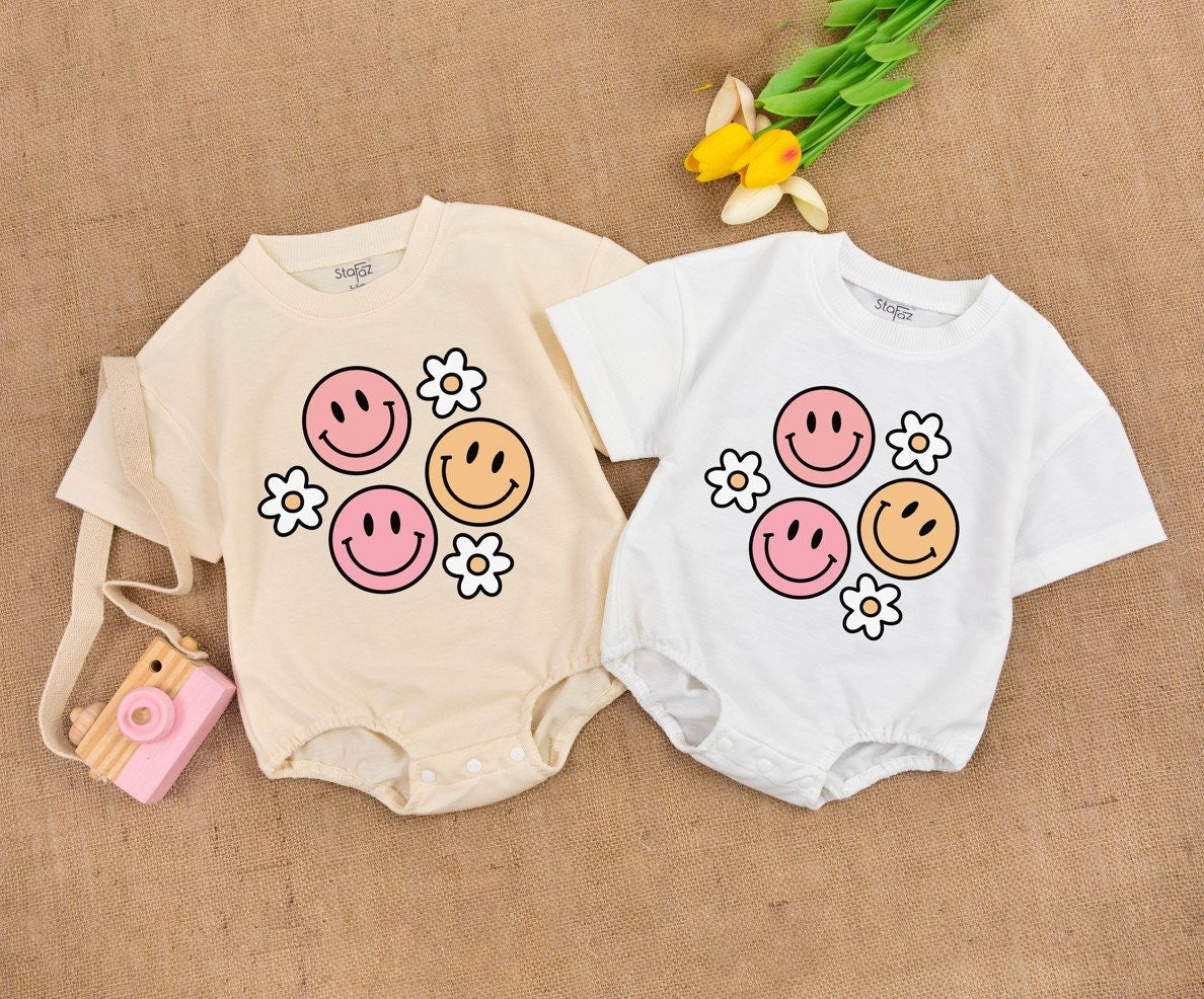 Retro Smiley Face Romper with Daisies for Girls