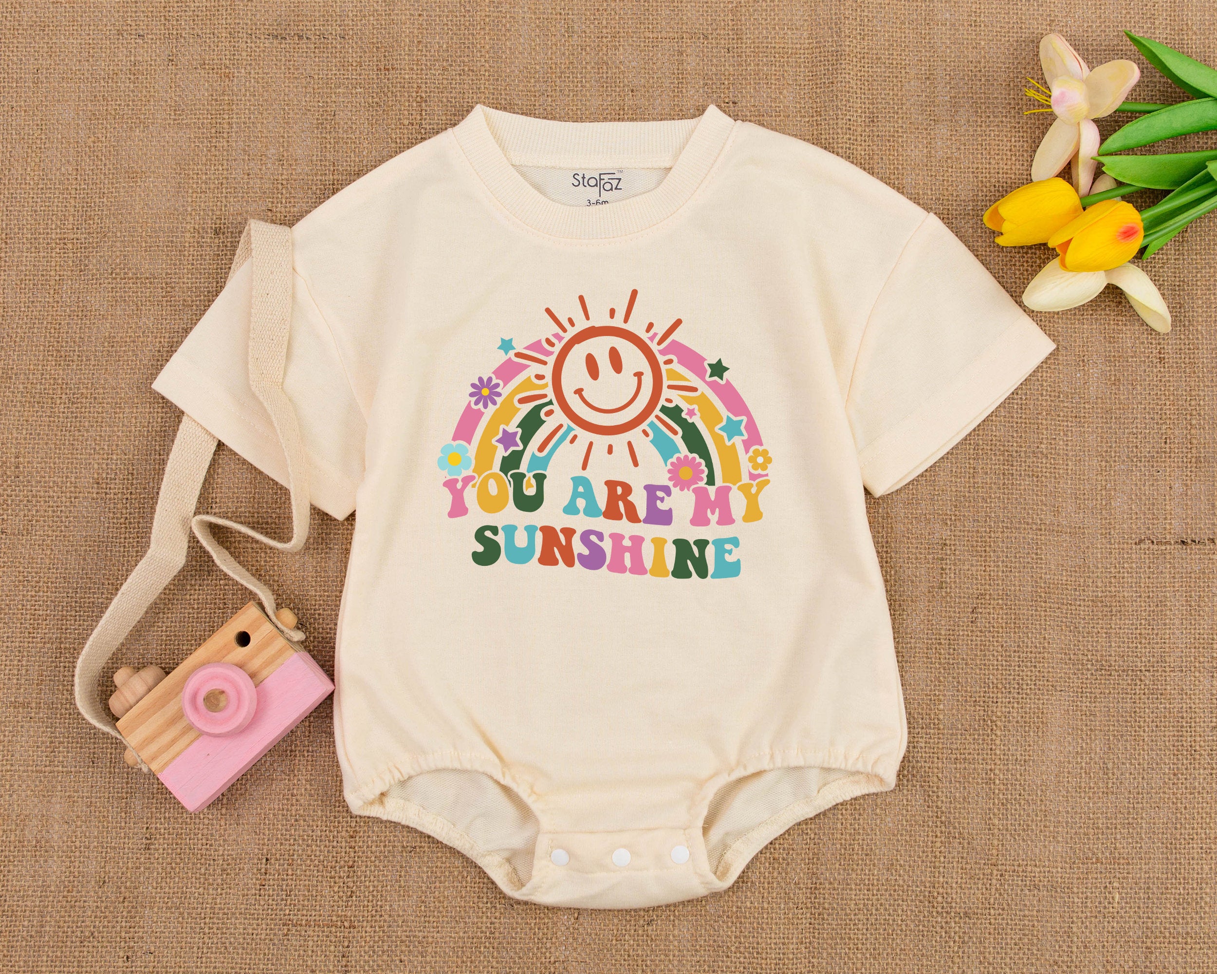 Cheerful Sun Rainbow Baby Romper You Are My Sunshine Boho Hippie Girl Outfit Vintage Groovy Summer Bodysuit Soft Cotton Infant Gift