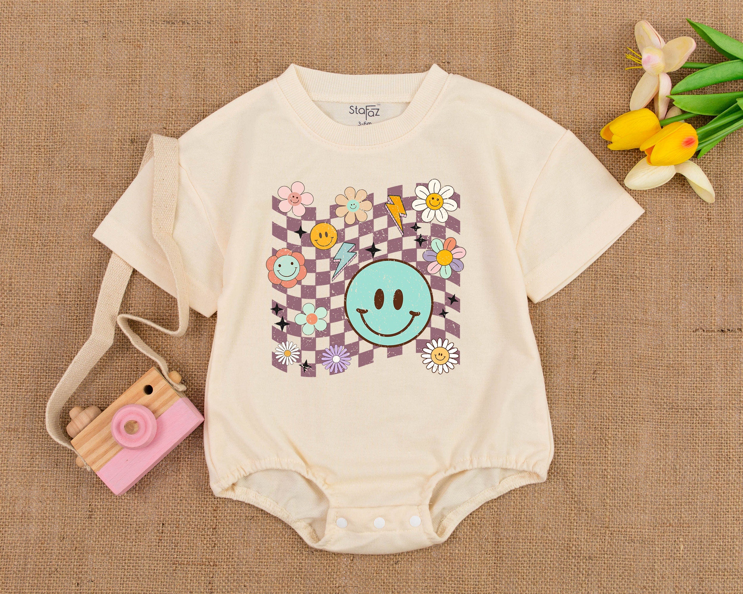 Retro Baby Romper with Light Blue Smiley Face and Colorful Flowers for Girls Comfortable Cotton Birthday Outfit Soft Playful Design