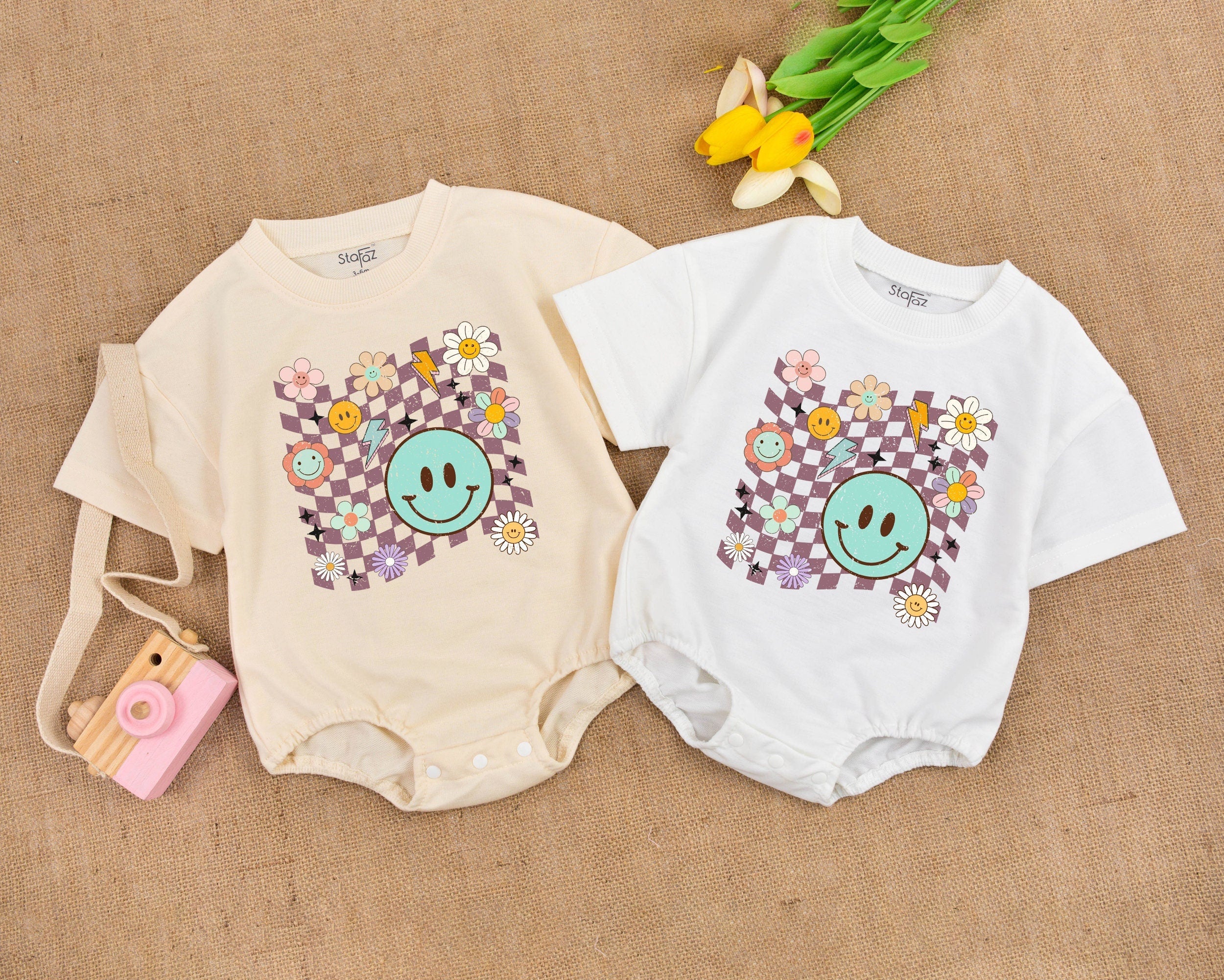 Retro Baby Romper with Light Blue Smiley Face and Colorful Flowers for Girls Comfortable Cotton Birthday Outfit Soft Playful Design
