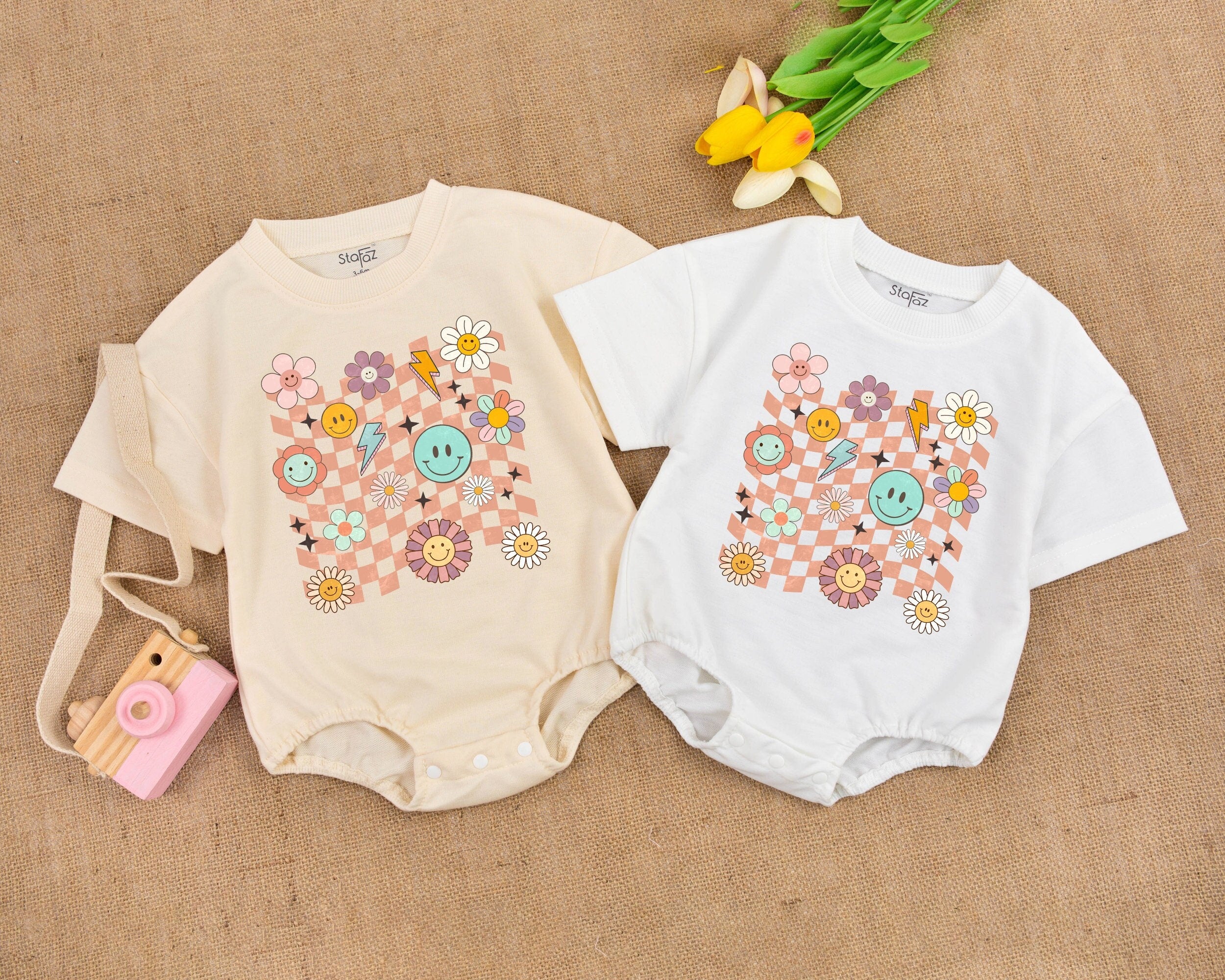 Playful Retro Smiley Face Romper for Girls