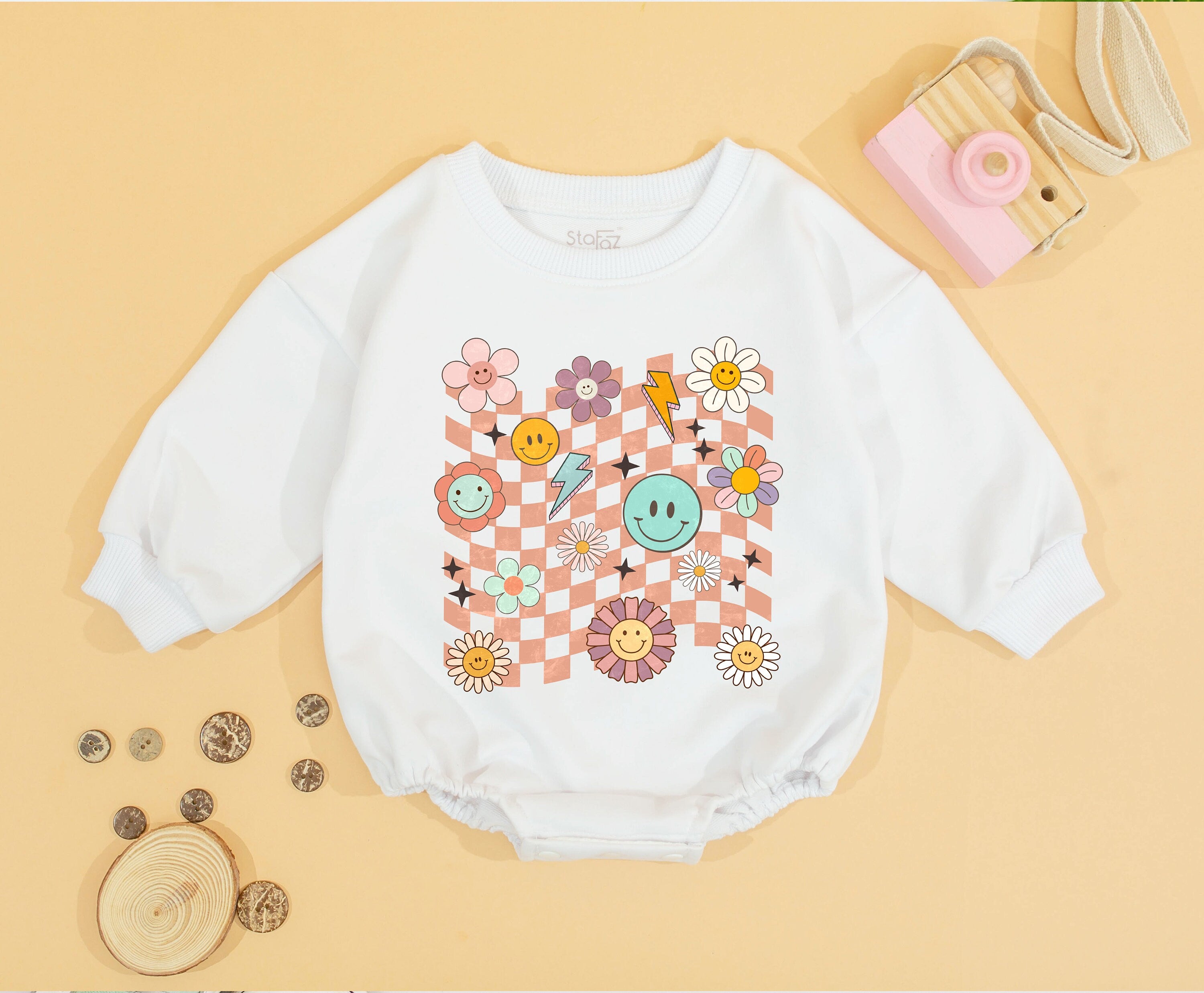 Retro Smiley Face Toddler Romper Birthday Outfit for Girls with Colorful Flowers Stars Lightning Soft Comfortable Cotton