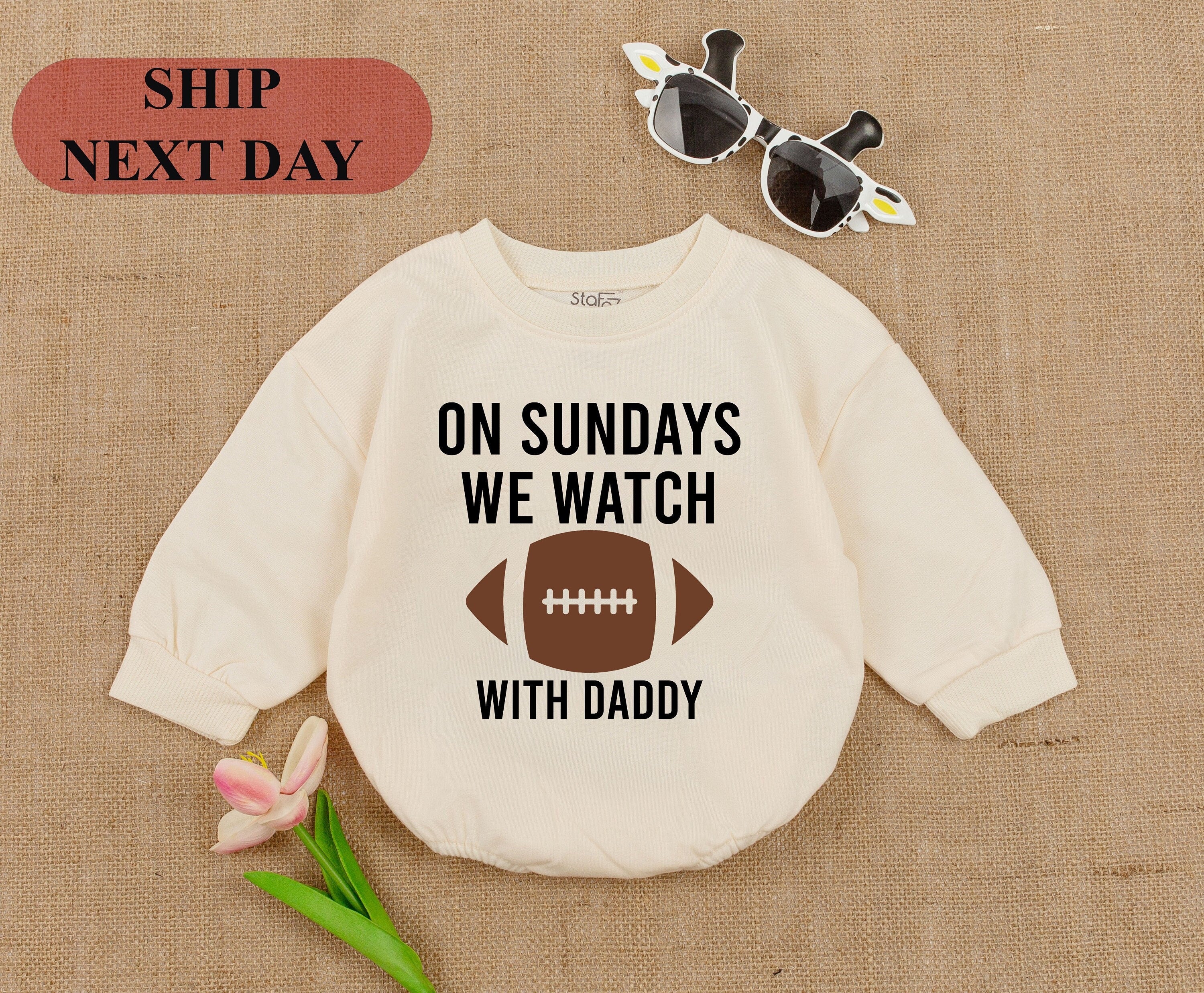 On Sundays We Watch with Daddy Football Baby Romper Cozy Cotton Outfit Infant Toddler Gift Birthday Shower Fun Brown Graphic Design