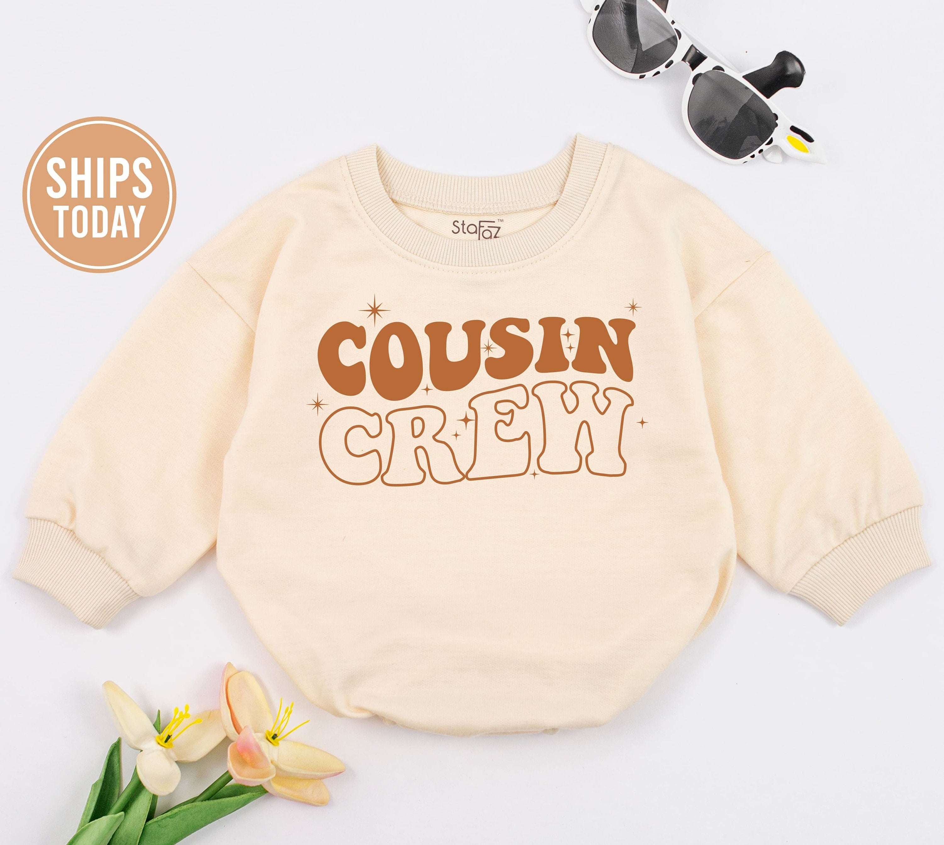 Cousin Crew Baby Romper in Boho Retro Style Cute Cotton Jumpsuit Birthday Outfit with Stars Infant Toddler Gift