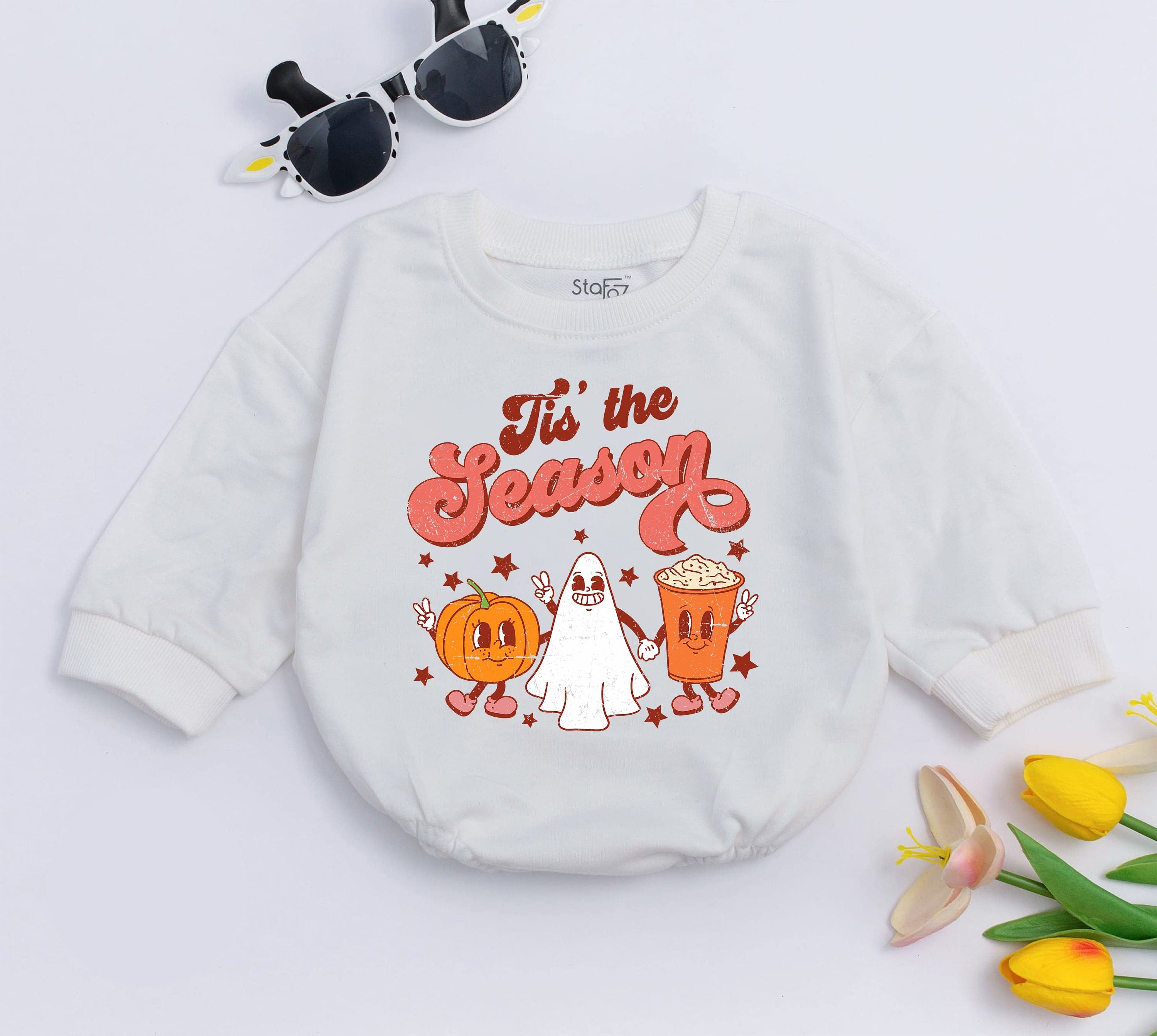 Thanksgiving Baby Romper - Tis the Season Bodysuit with Pumpkin & Ghost
