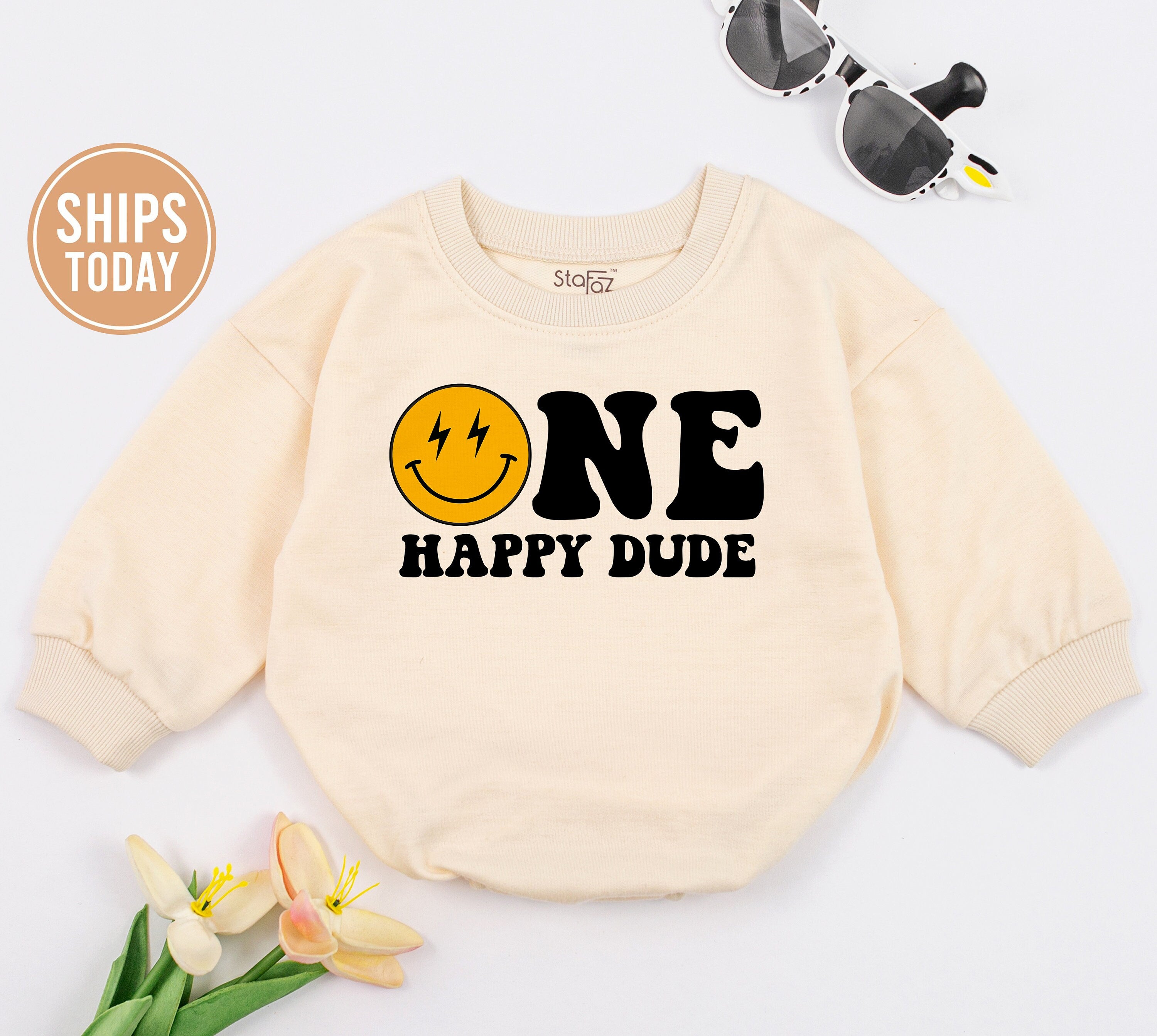 One Happy Dude Baby Romper First Birthday Outfit with Smiley Face Retro Lightning Bolt Design Soft Cotton Gift for Infant or Toddler