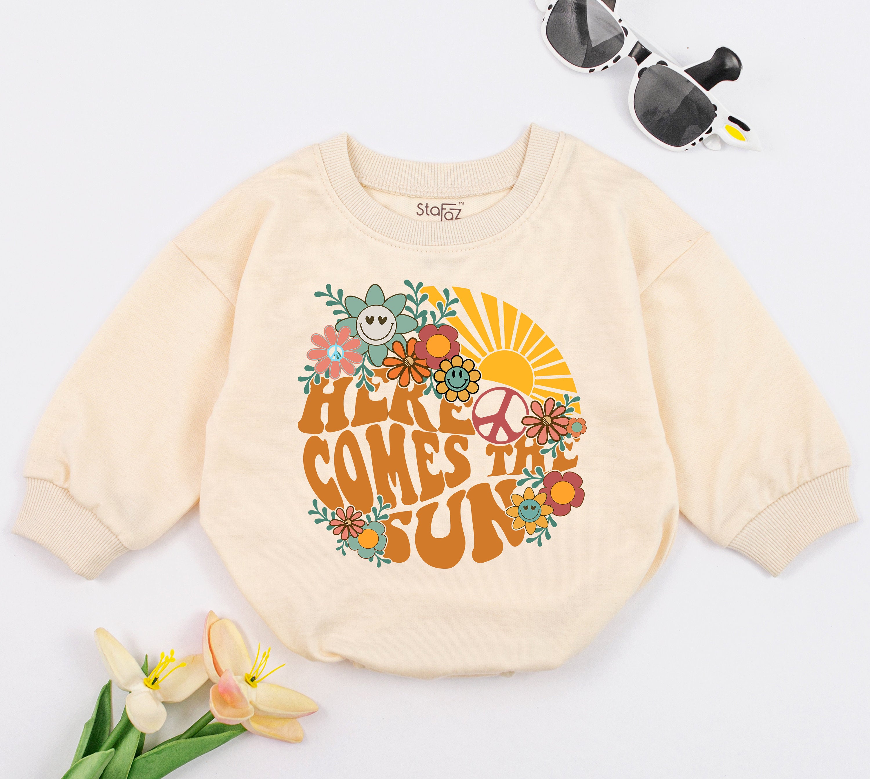 Here Comes The Sun Baby Romper with Boho Floral Design