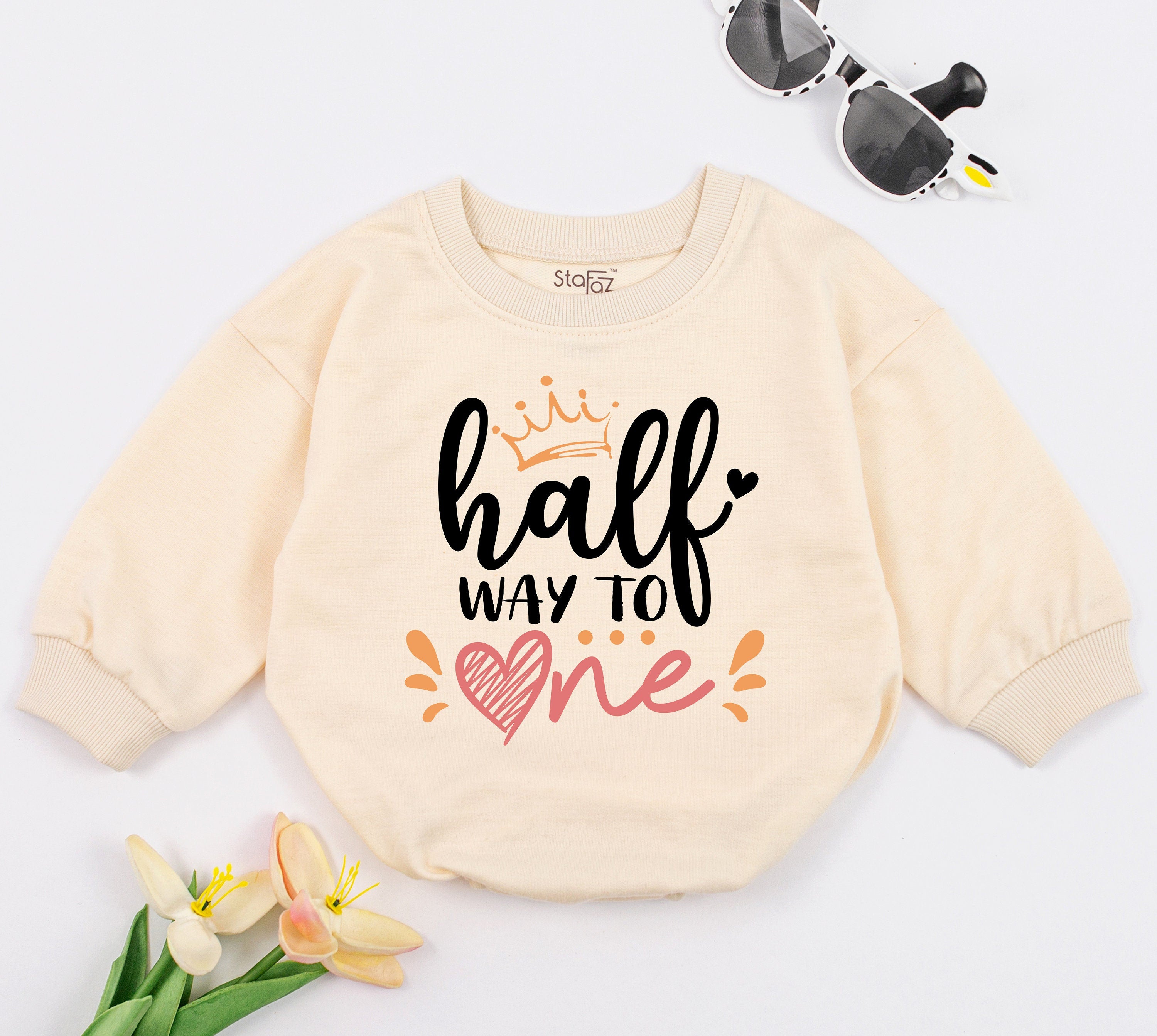 Birthday Baby Romper Half Way to One Cute Design with Crown Pink Heart Retro Six Month 1/2 Birthday Gift Soft Cotton Comfortable Outfit