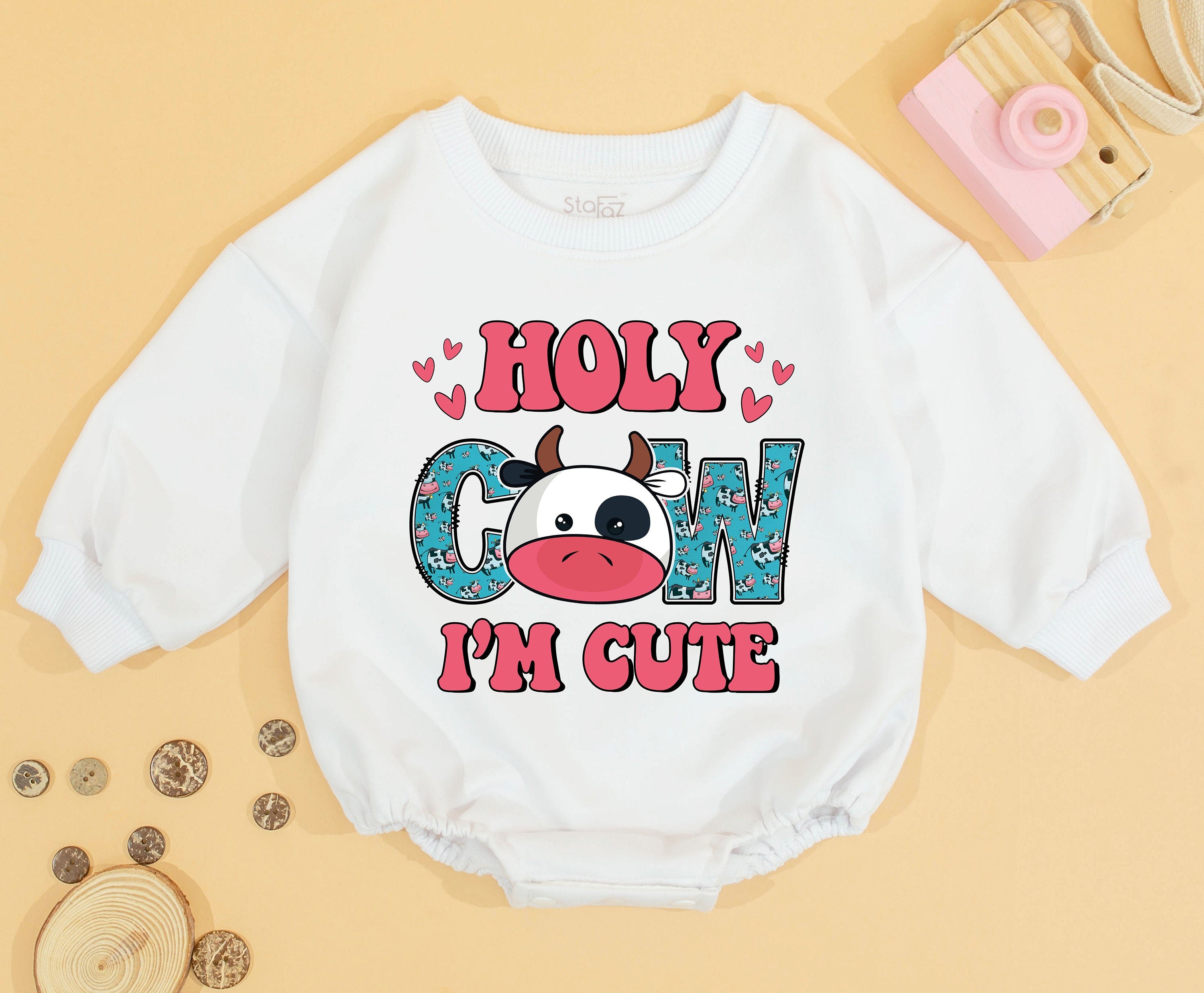 Holy Cow I'm Cute Baby Romper Retro Design Toddler Sweatshirt Soft Cotton Newborn Outfit Personalized Gift for Birthday or Holiday