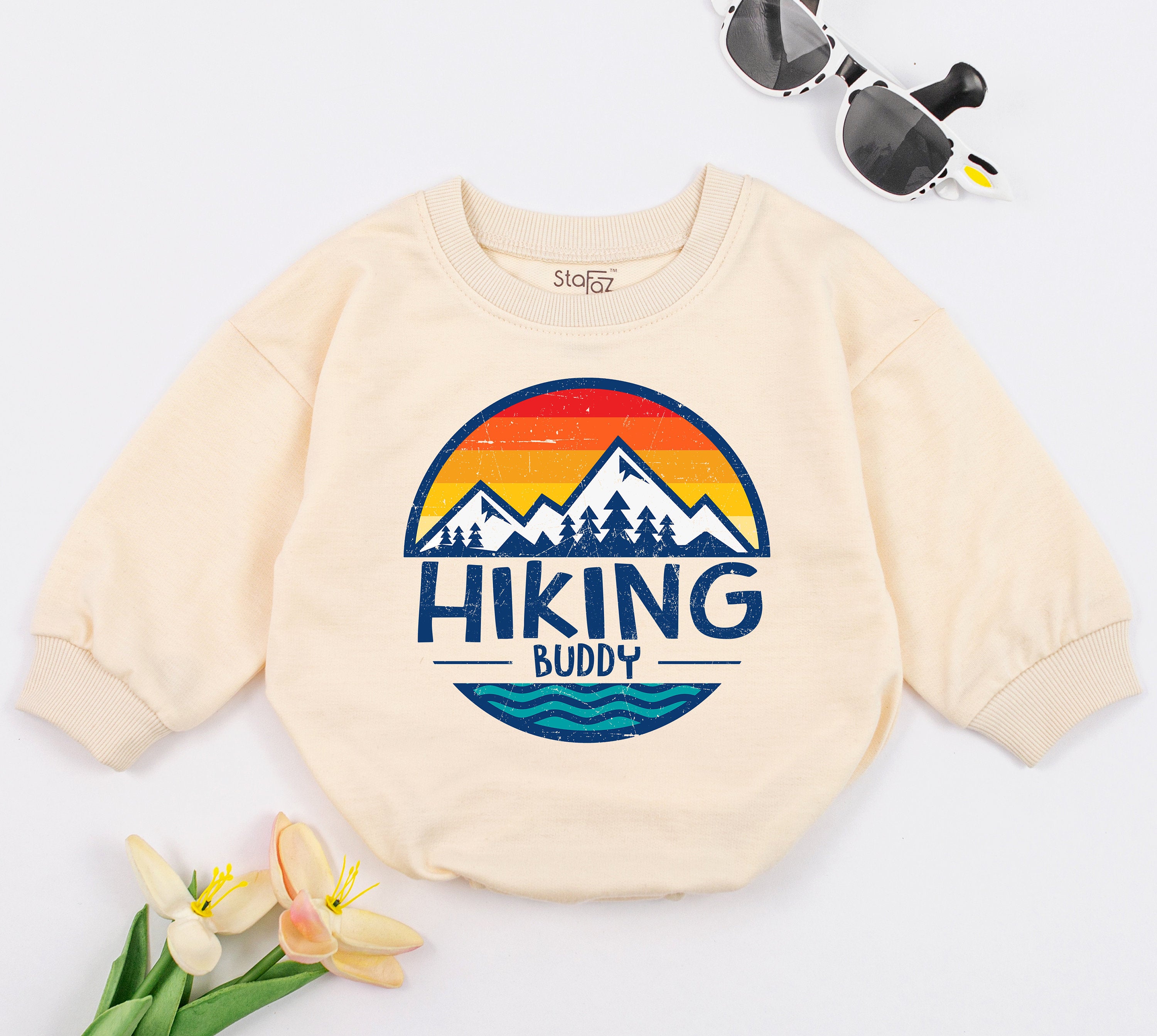 Hiking Buddy Baby Romper with Sunset Mountain Design Adventure Infant Outfit Camping Bodysuit Soft Cotton Retro Style Birthday Gift
