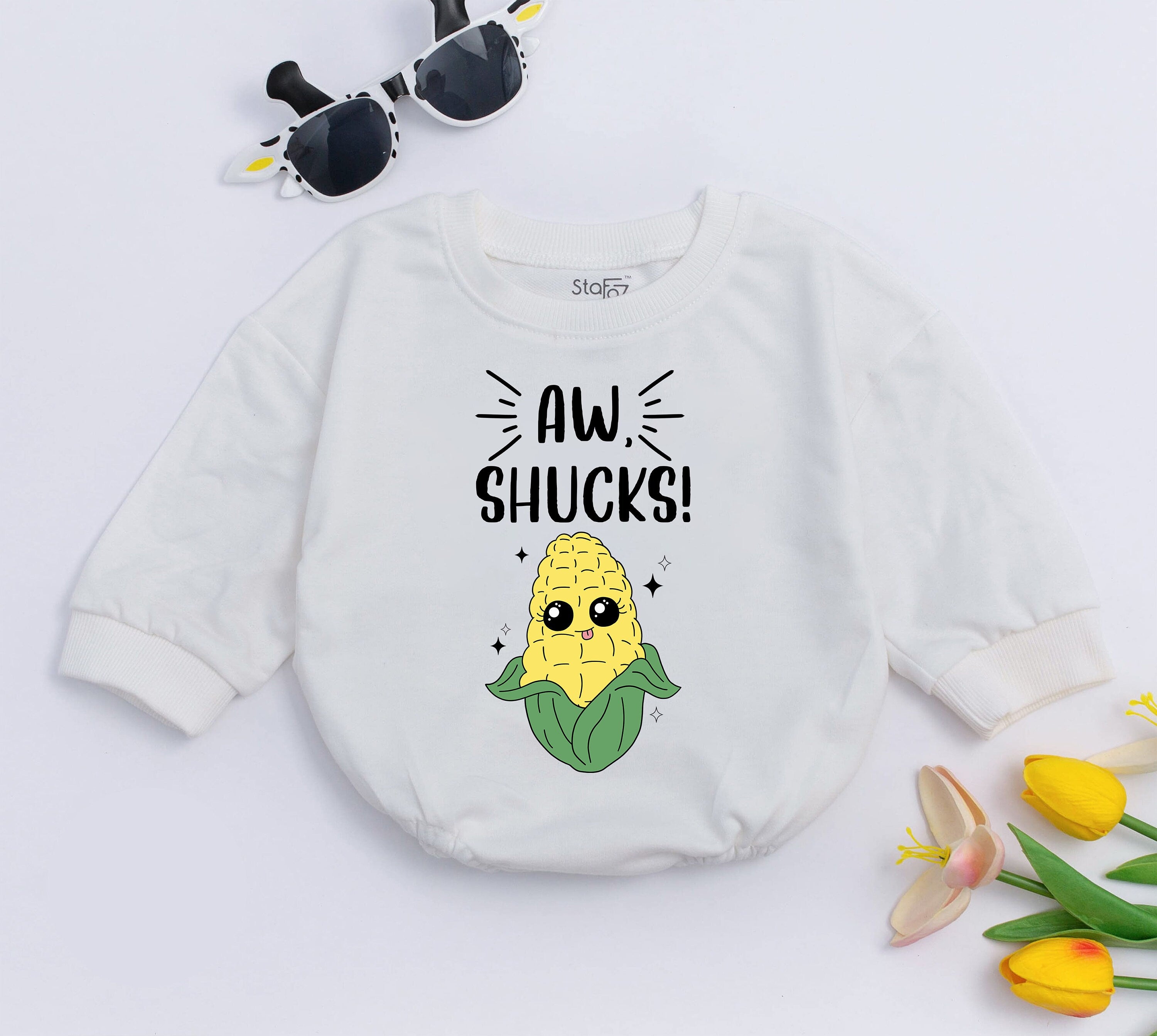 Aw Shucks Cartoon Corn Baby Romper Fun Outfit Infant Bodysuit Soft Cotton Comfortable Cute Gift for Baby Shower or Birthday