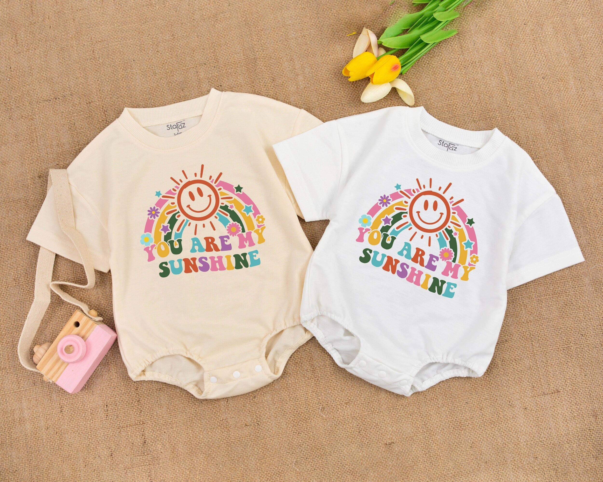 Cheerful Sun Rainbow Baby Romper You Are My Sunshine Boho Hippie Girl Outfit Vintage Groovy Summer Bodysuit Soft Cotton Infant Gift
