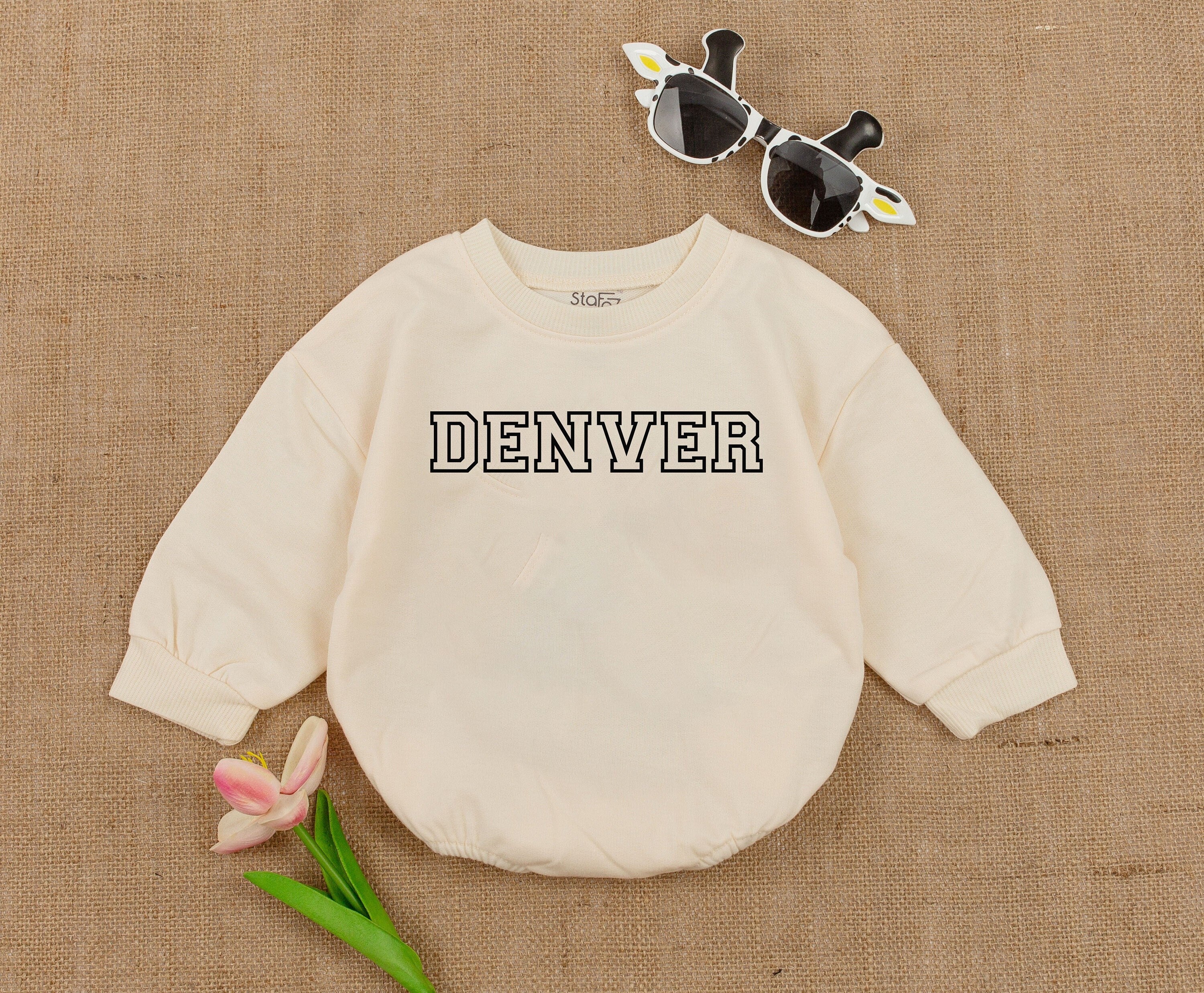 Custom Denver Baby Romper Soft Blue Cotton Oversized Letter Sweatshirt Infant Outfit Comfortable Holiday Gift Personalized Name Option