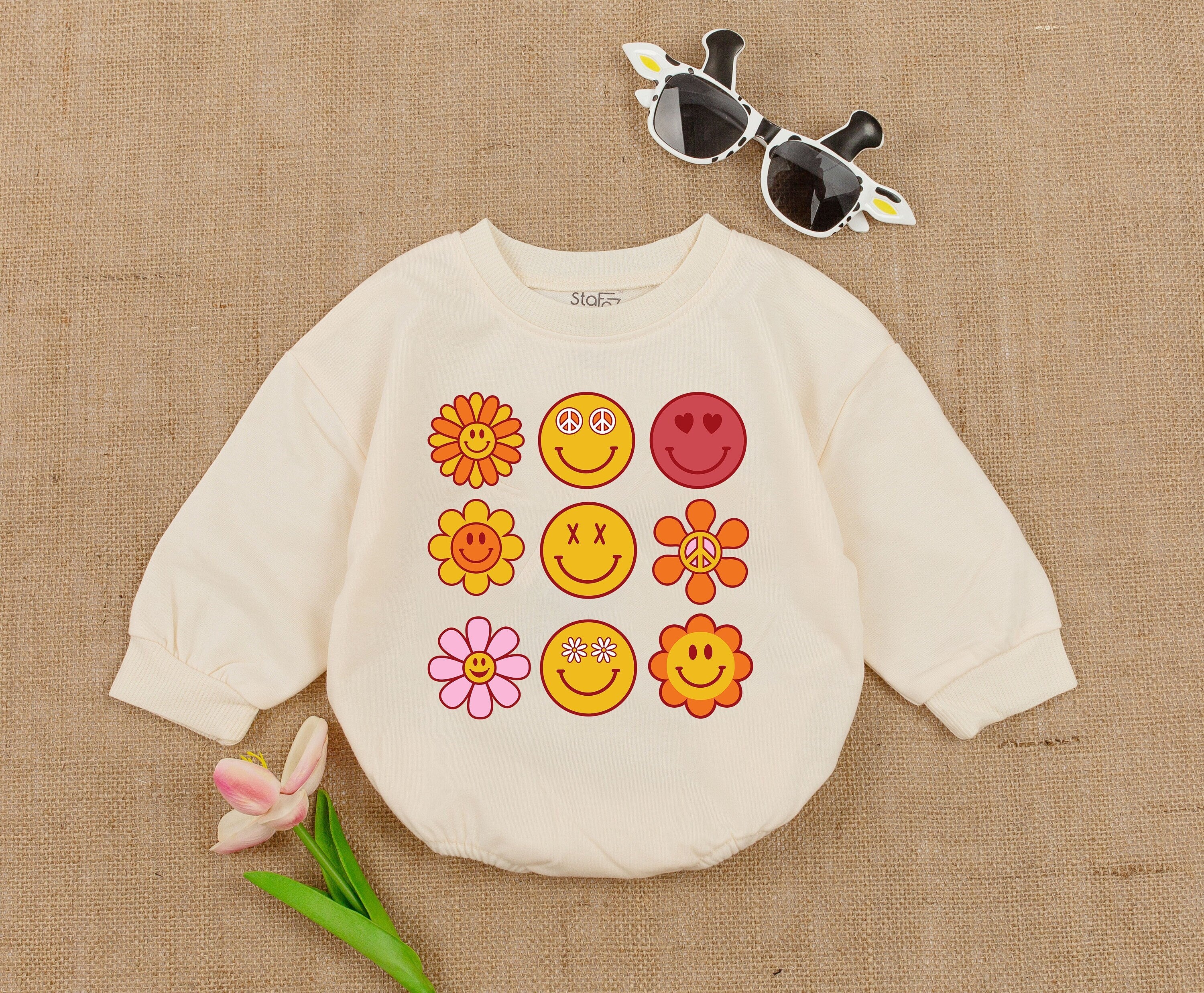 Groovy Smiley Face Romper for Baby Girls Retro Birthday Outfit Boho Style Playful Expressions Floral Heart Eyes Soft Comfortable Cotton