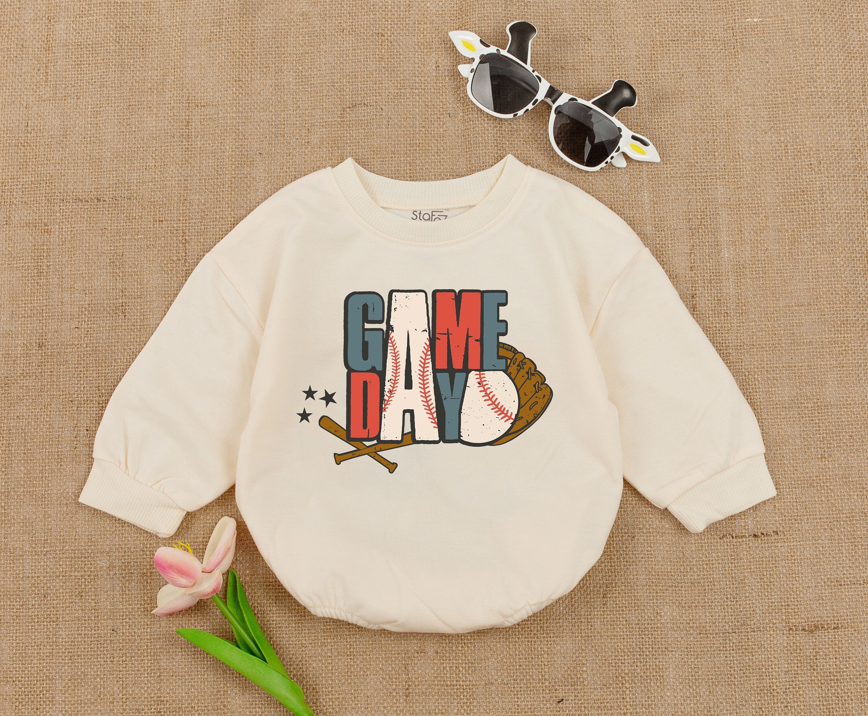 Retro Gameday Baby Boy Bodysuit with Baseball Design Newborn Romper Toddler Sweatshirt Soft Cotton Playful Outfit for Sports Fans