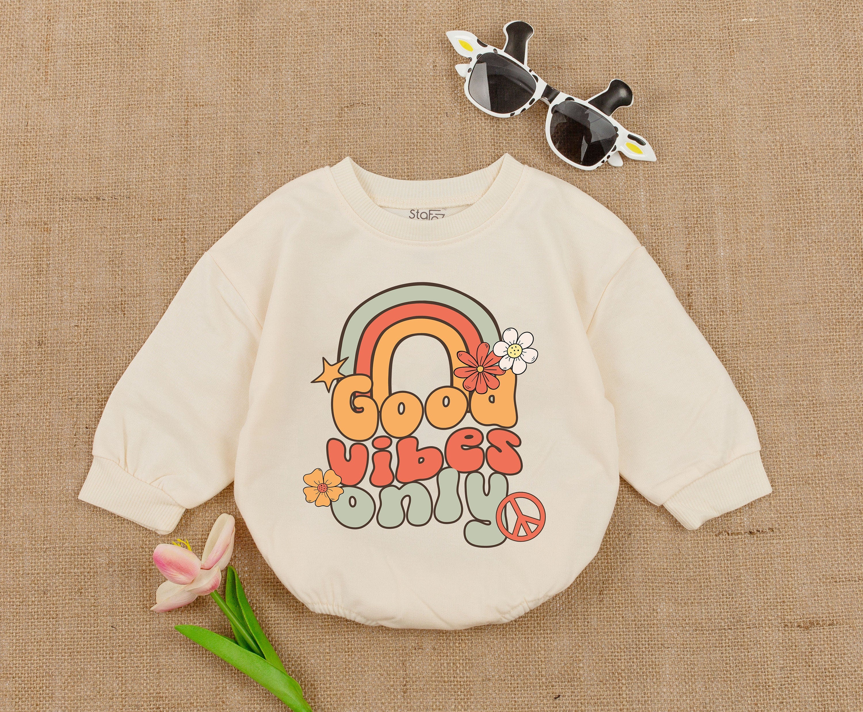 Good Vibes Only Retro Romper for Girls Hippie Trippie Birthday Outfit Baby Bodysuit Colorful Bubble Font Floral Peace Symbol Design
