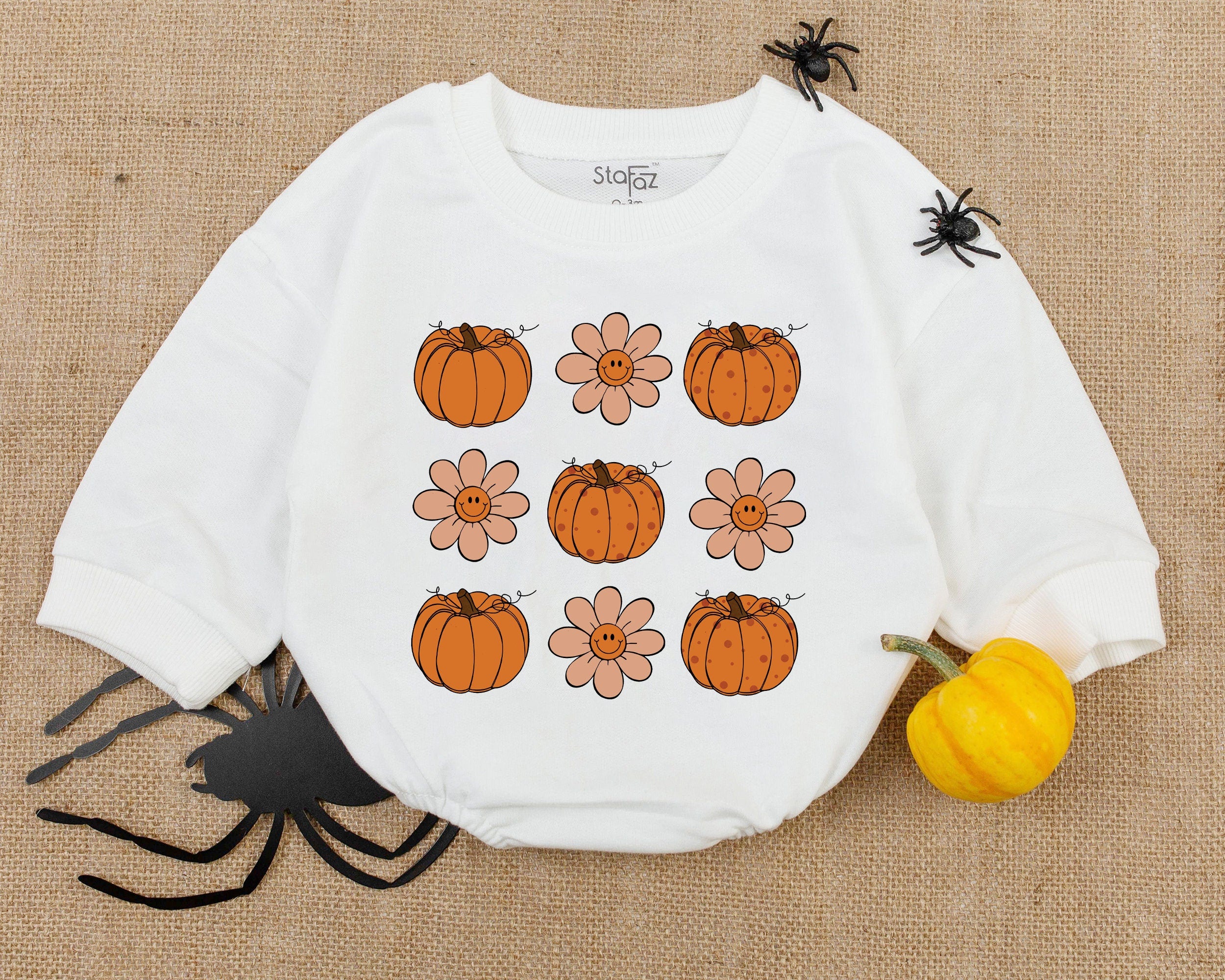Retro Pumpkin Halloween Baby Romper with Whimsical Flower Pattern Soft Cotton Infant Outfit Perfect for First Halloween Celebration