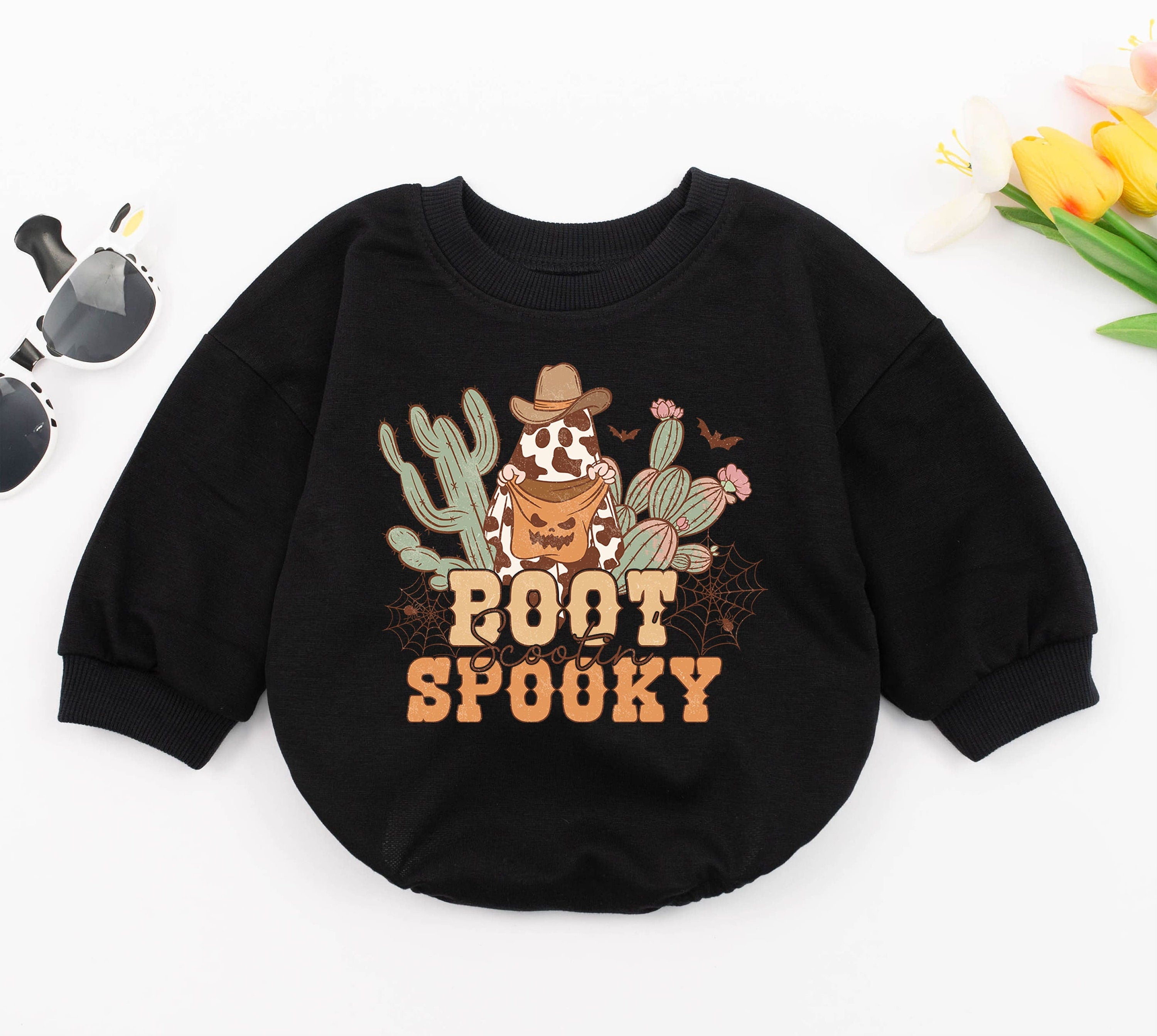 Boot Scootin' Spooky Baby Romper Western Ghost Cowboy Outfit Halloween Fall Newborn Costume Soft Cotton Playful Cactus Design