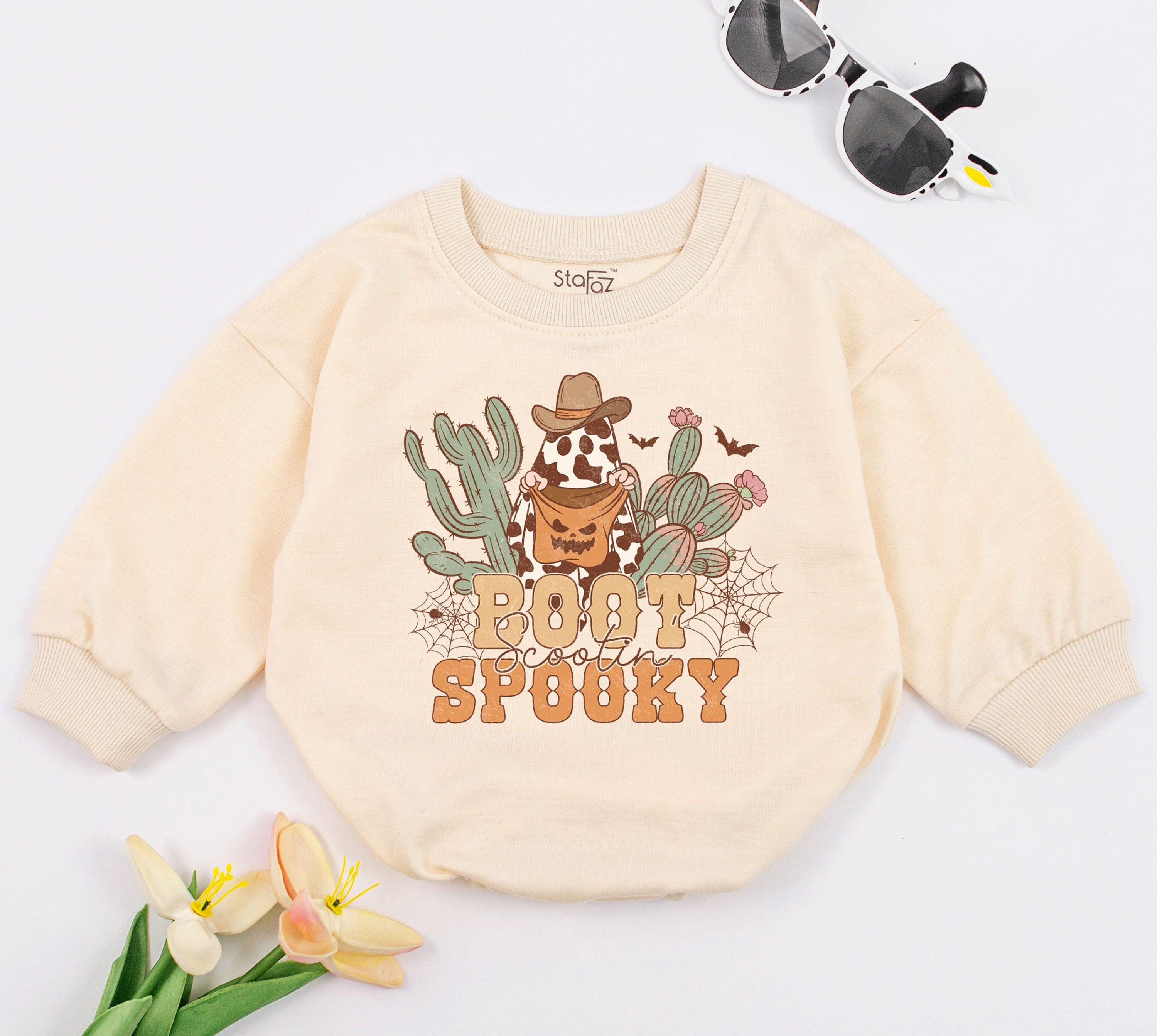 Boot Scootin' Spooky Baby Romper Western Ghost Cowboy Outfit Halloween Fall Newborn Costume Soft Cotton Playful Cactus Design