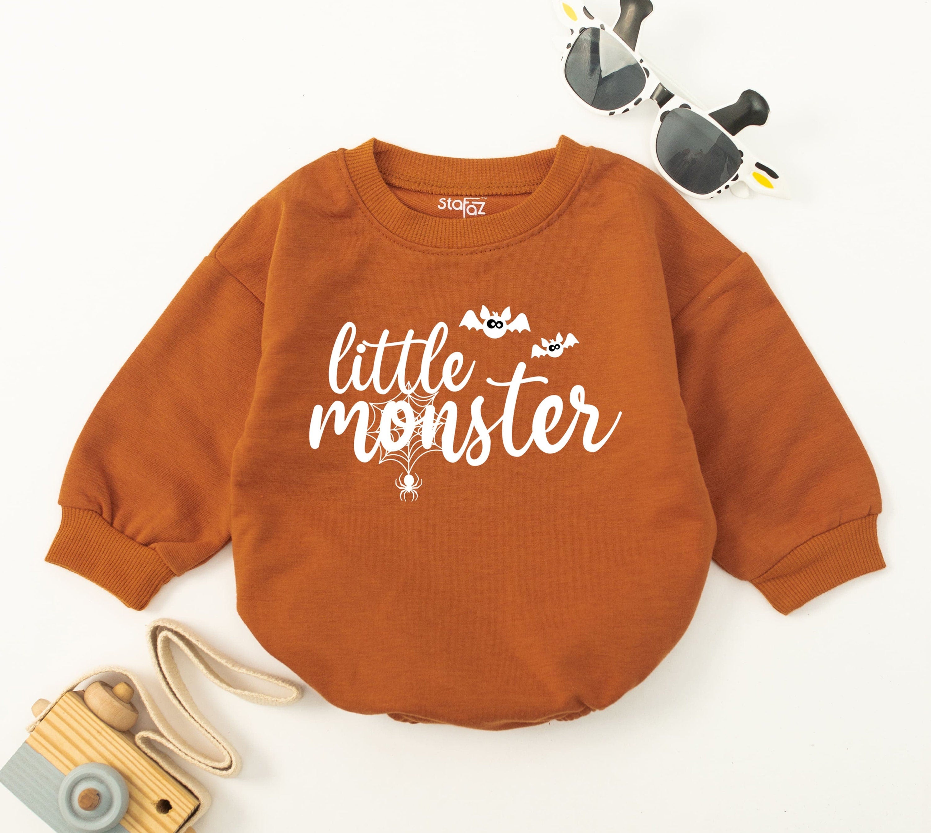 Little Monster Baby Romper with Bats and Spider Design Cute Halloween Outfit Baby Boy's First Holiday Gift Comfortable Bodysuit