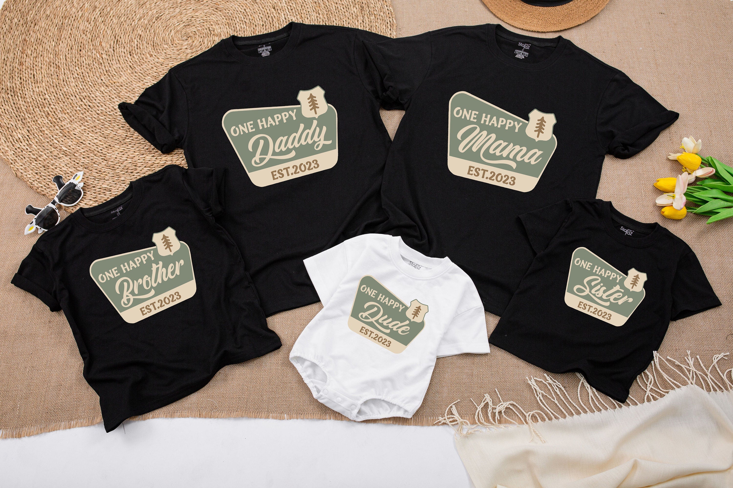 One Happy Family Camping Tees Personalized Birthday Outfit Soft Vintage Cotton Matching Mom Dad Kid Shirts Warm Forest Colors