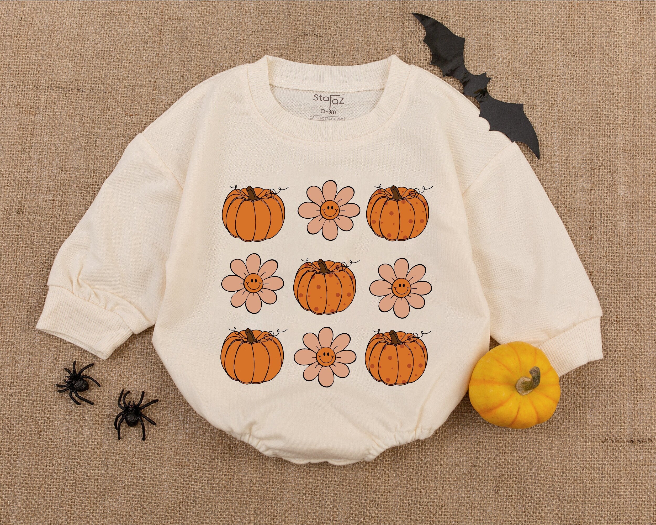 Retro Pumpkin Halloween Baby Romper with Whimsical Flower Pattern Soft Cotton Infant Outfit Perfect for First Halloween Celebration