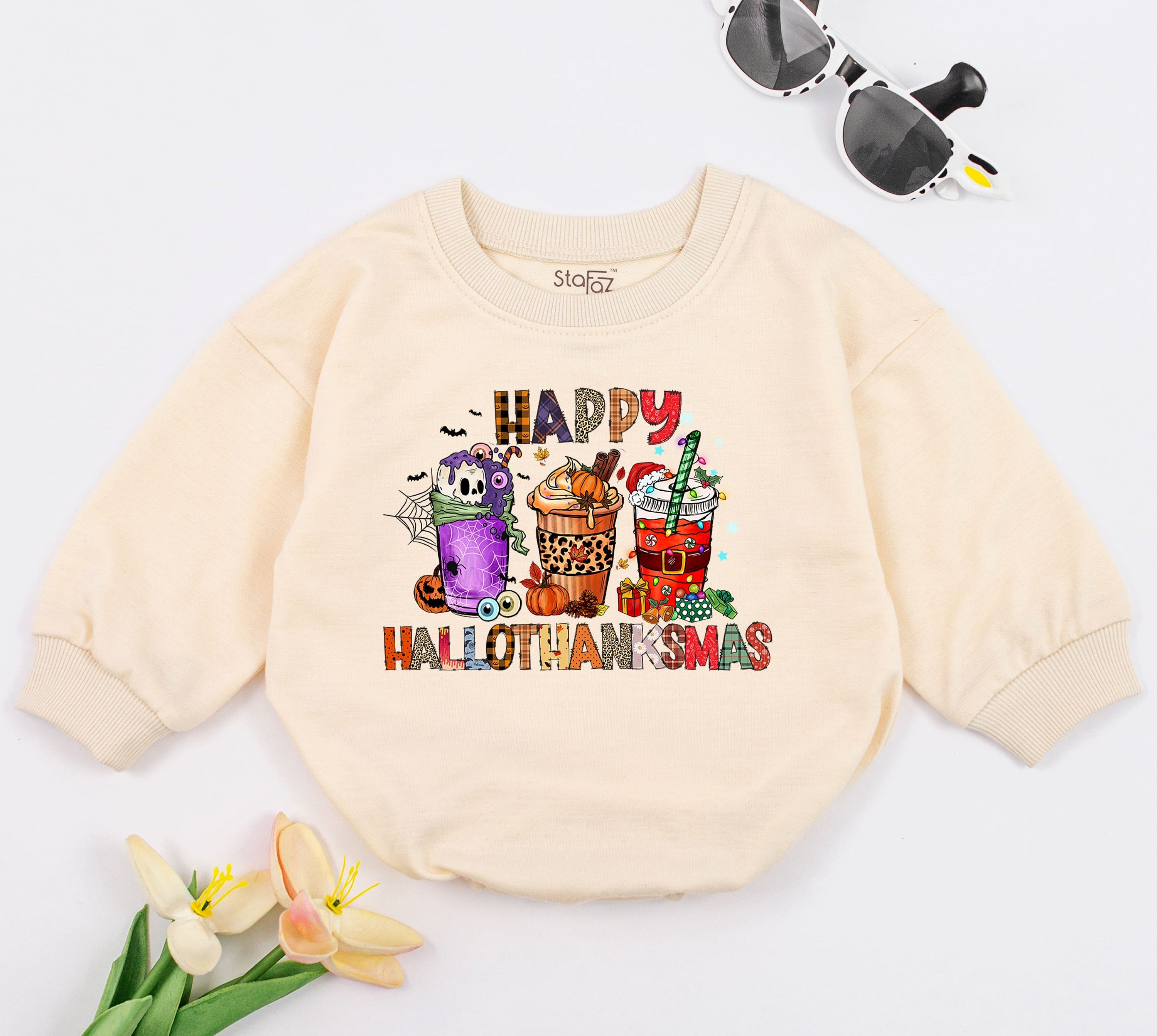 Happy Hallothanksmas Baby Romper Festive Coffee Outfit Halloween Thanksgiving Christmas Bodysuit Gift Cotton Soft Comfortable