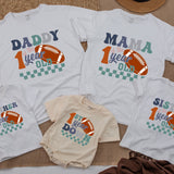Custom Football 1st Birthday Romper for Baby Boy, 1 Year Down Outfit, Soft Cotton Bodysuit, Perfect for Cake Smash, Family Matching Theme