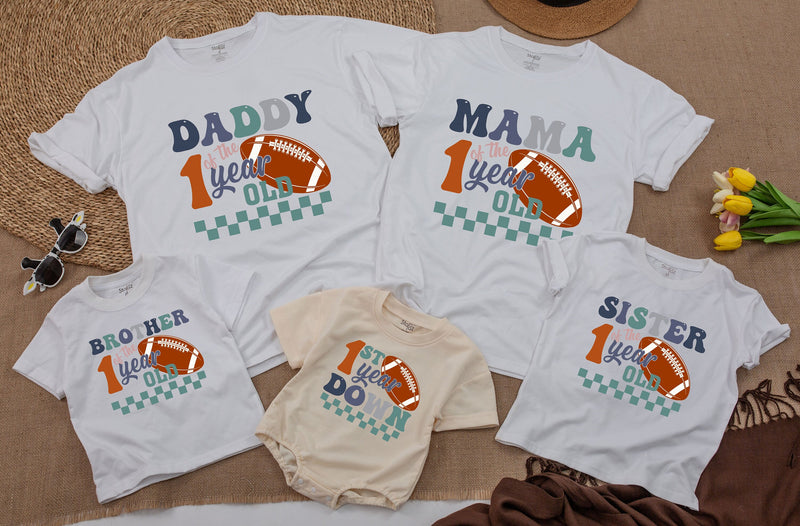 Custom Football 1st Birthday Romper for Baby Boy, 1 Year Down Outfit, Soft Cotton Bodysuit, Perfect for Cake Smash, Family Matching Theme