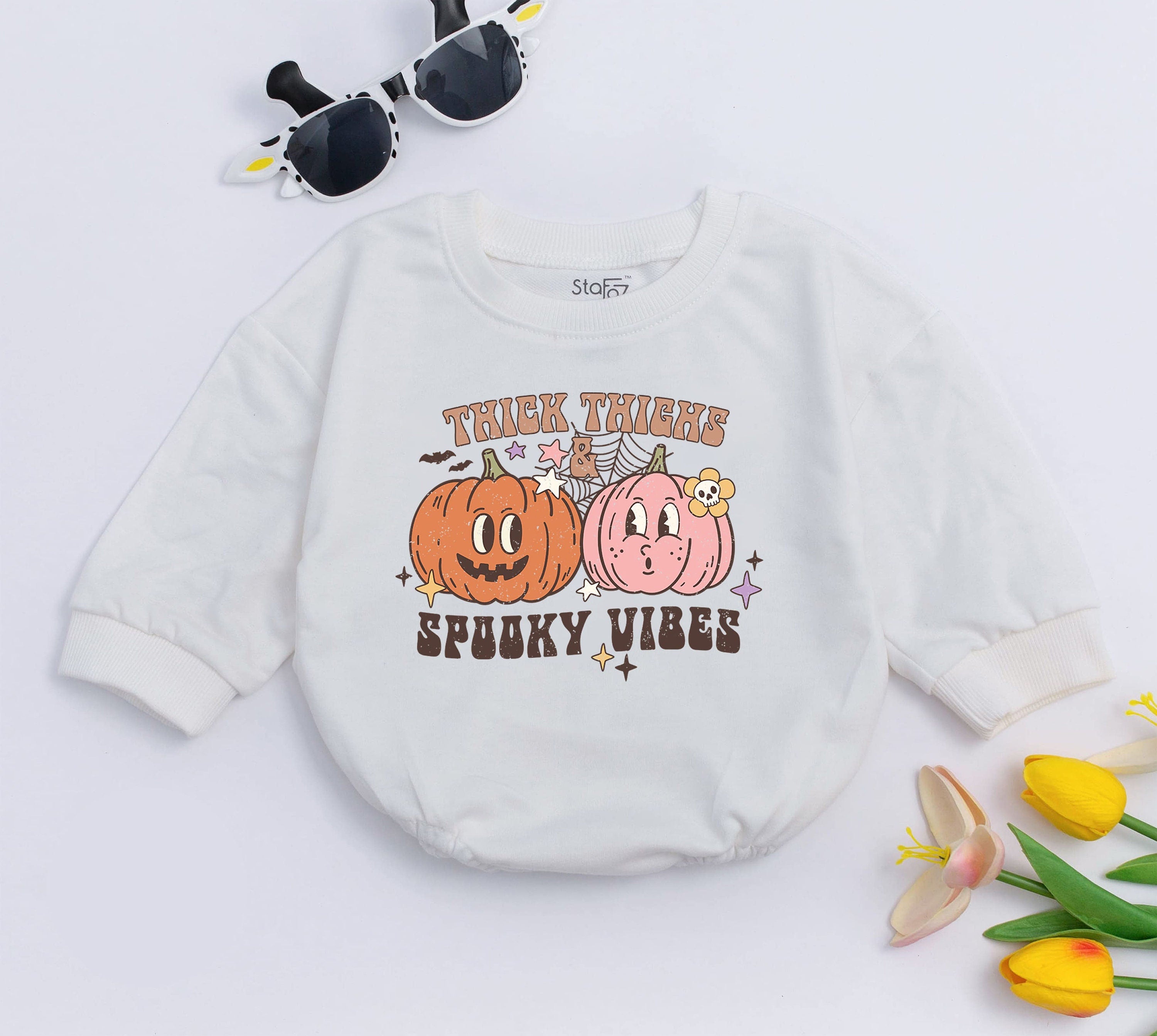 Thick Thighs Spooky Vibes Baby Romper Cartoon Pumpkins Halloween Outfit for Infant Toddler Playful Retro Design Fall Holiday Clothes