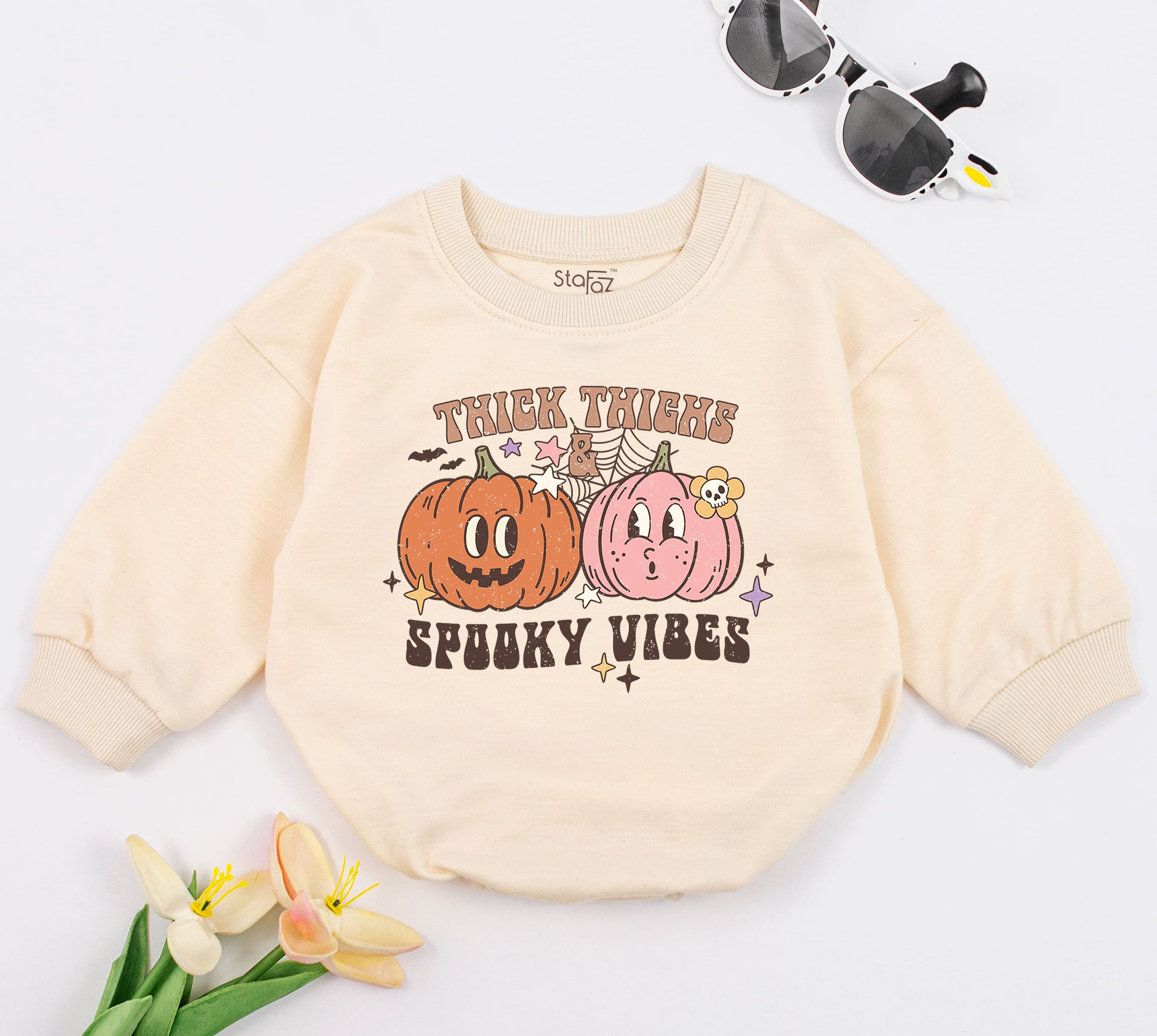 Thick Thighs Spooky Vibes Baby Romper Cartoon Pumpkins Halloween Outfit for Infant Toddler Playful Retro Design Fall Holiday Clothes