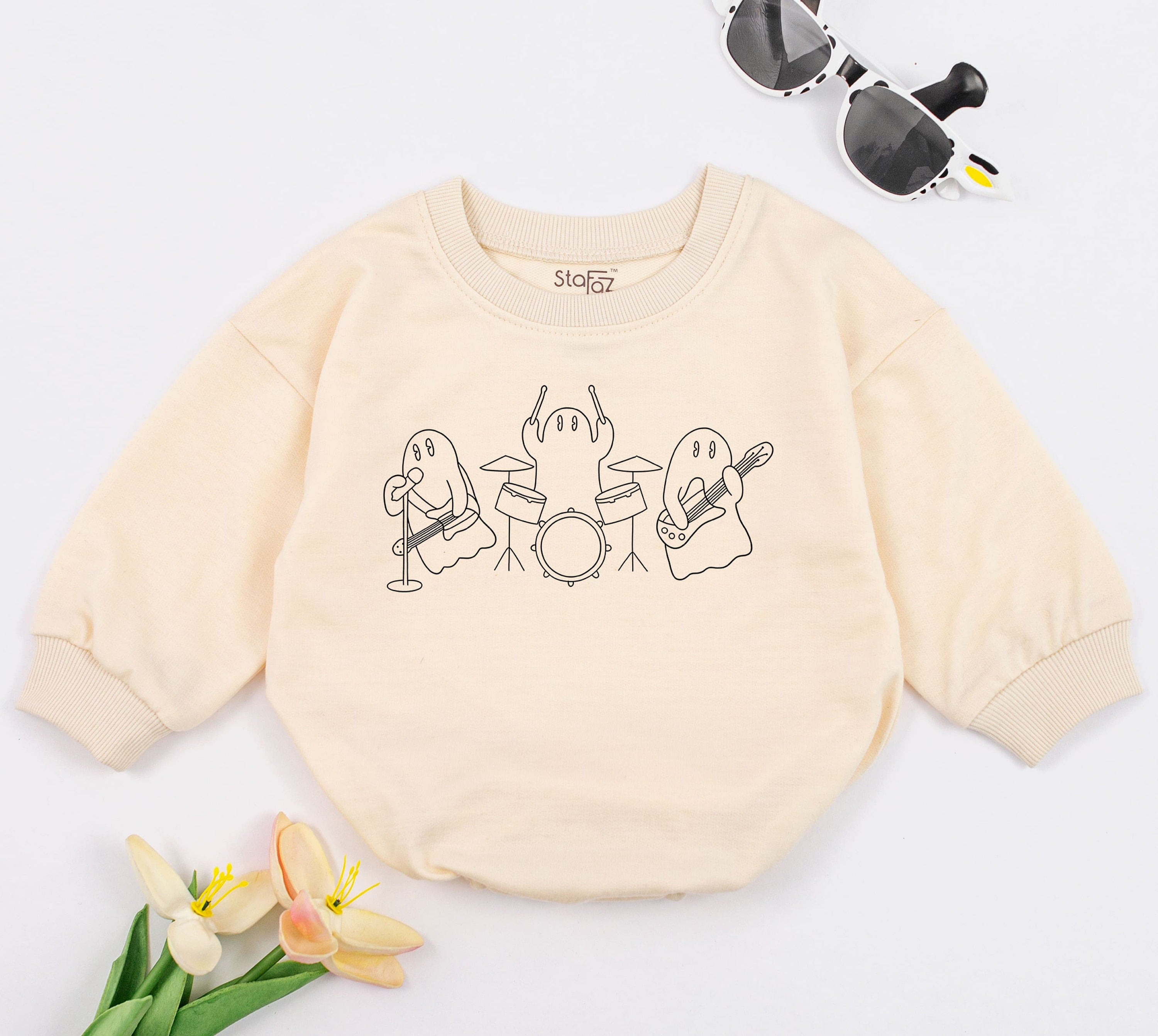Boo Rock Baby Girl Halloween Romper with Cartoon Ghost Band Design Soft Cotton Outfit First Halloween Costume Toddler Retro Style