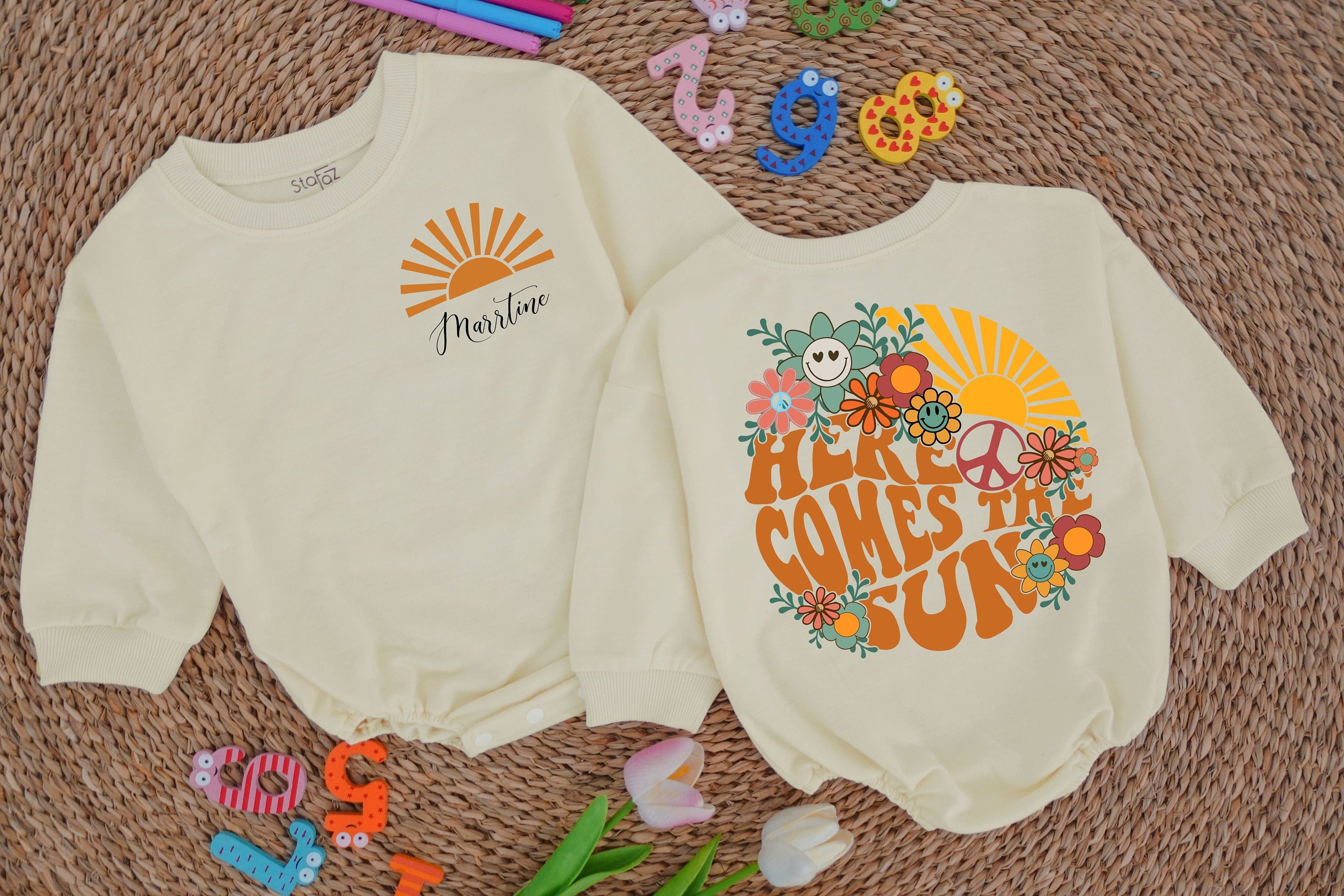Here Comes The Sun Baby Romper Retro 70s Design Organic Cotton Long Sleeve Unisex Toddler Outfit Personalized Name Gift