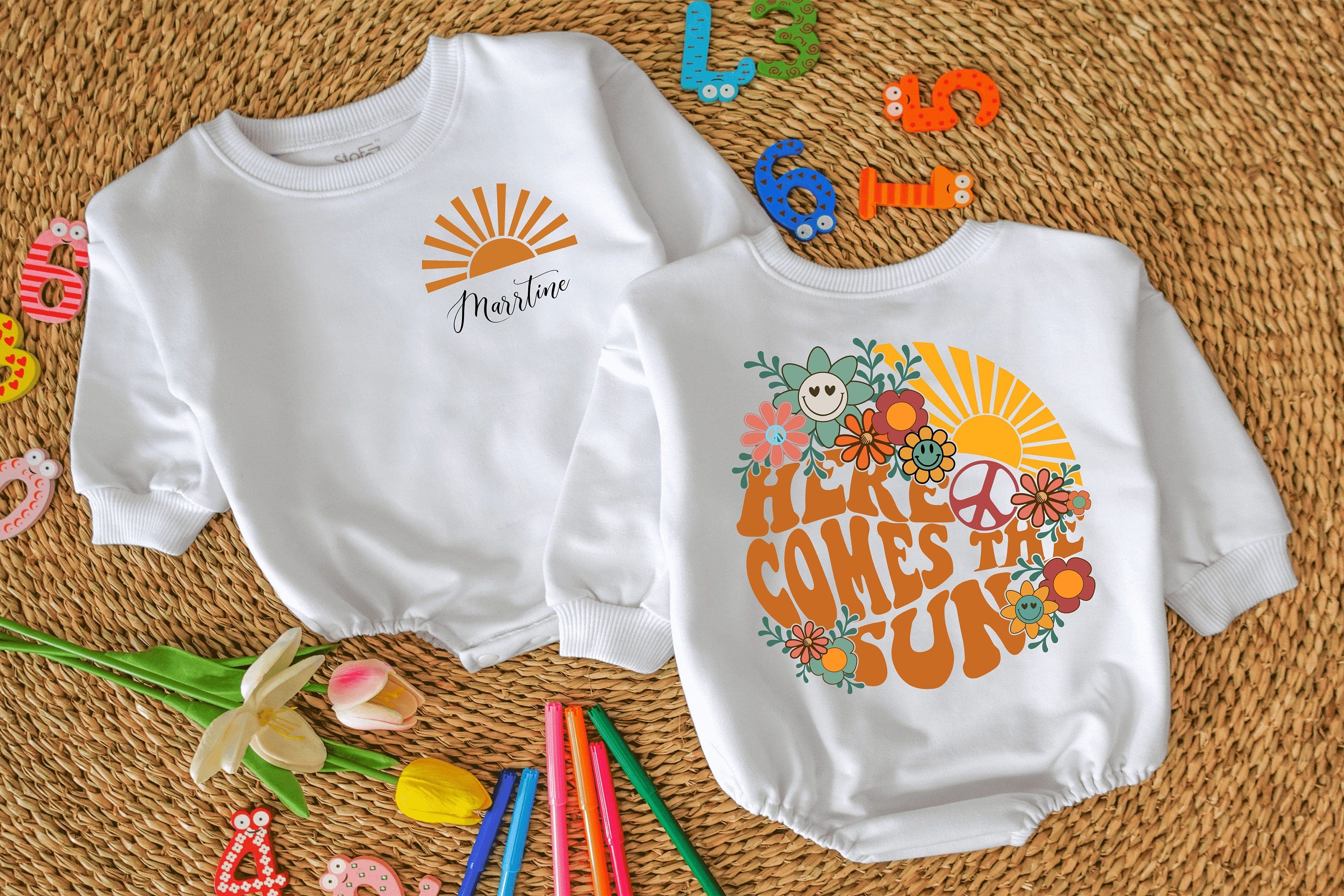 Here Comes The Sun Baby Romper Retro 70s Design Organic Cotton Long Sleeve Unisex Toddler Outfit Personalized Name Gift