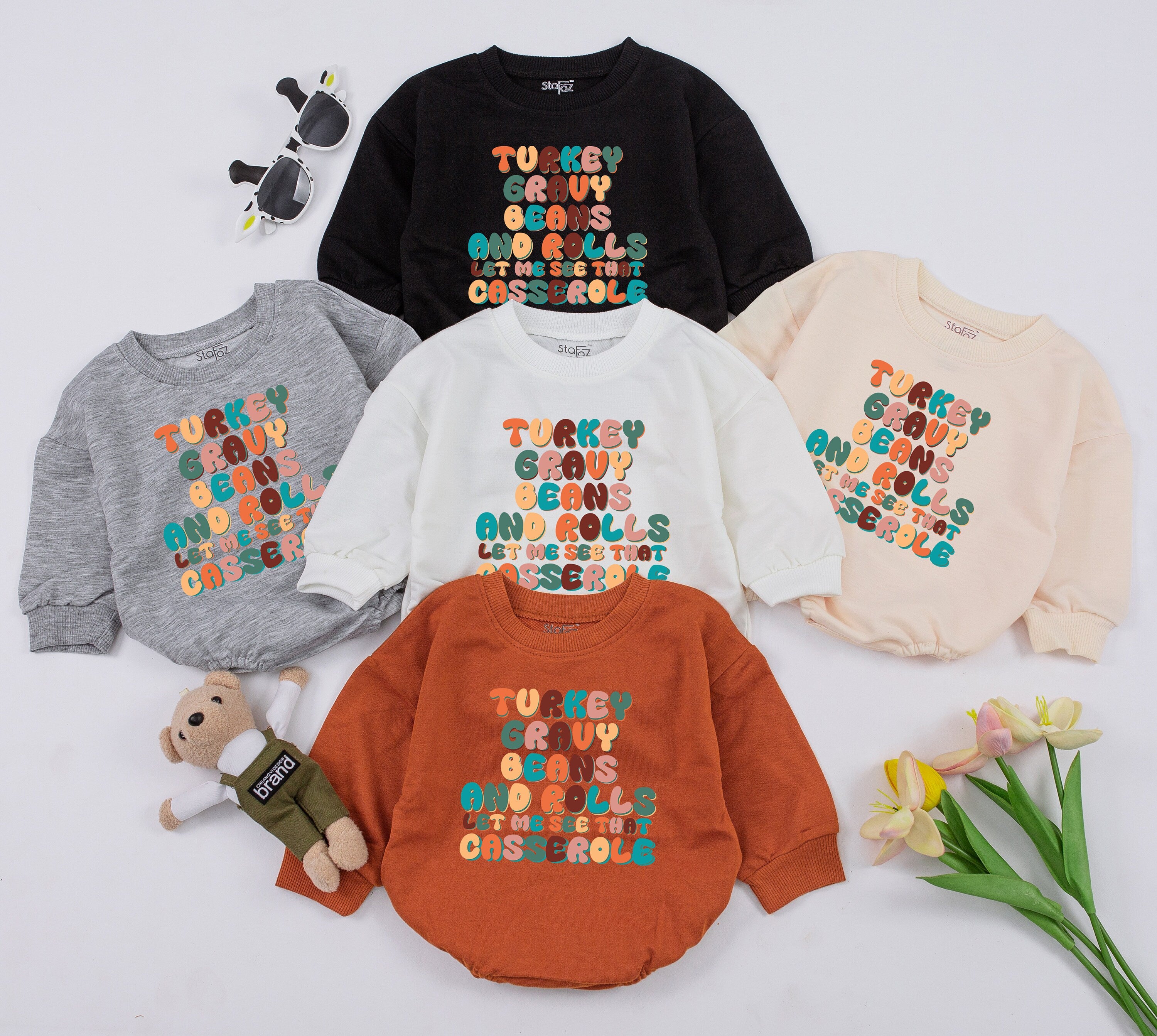 Turkey Gravy Beans and Rolls Baby Romper Cute Retro Thanksgiving Bodysuit Playful Colorful Text Infant Fall Holiday Gift
