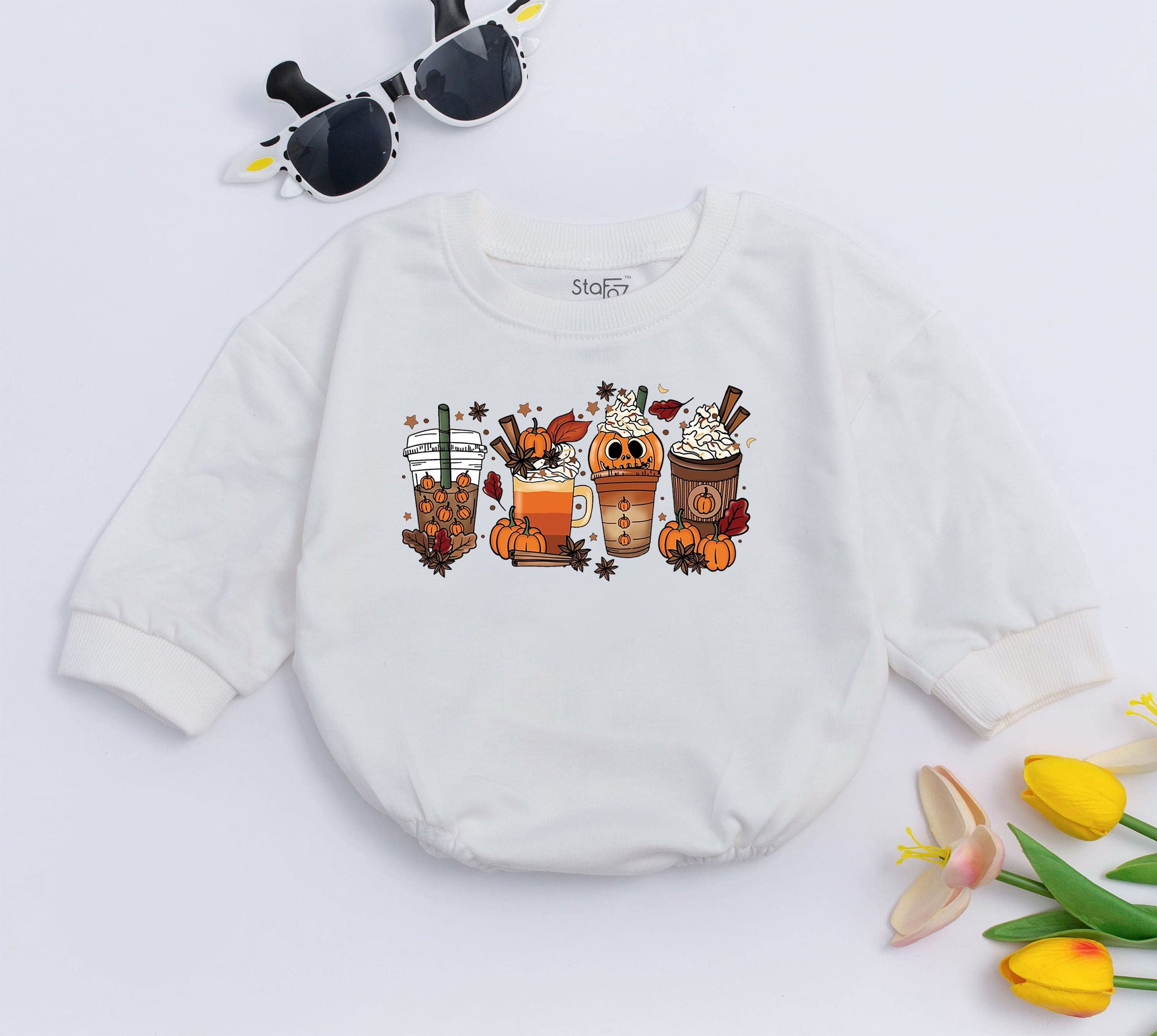 Charming Autumn Coffee Cup Baby Romper Cute Pumpkin Design First Thanksgiving Outfit Comfortable Cotton Fall Infant Bodysuit