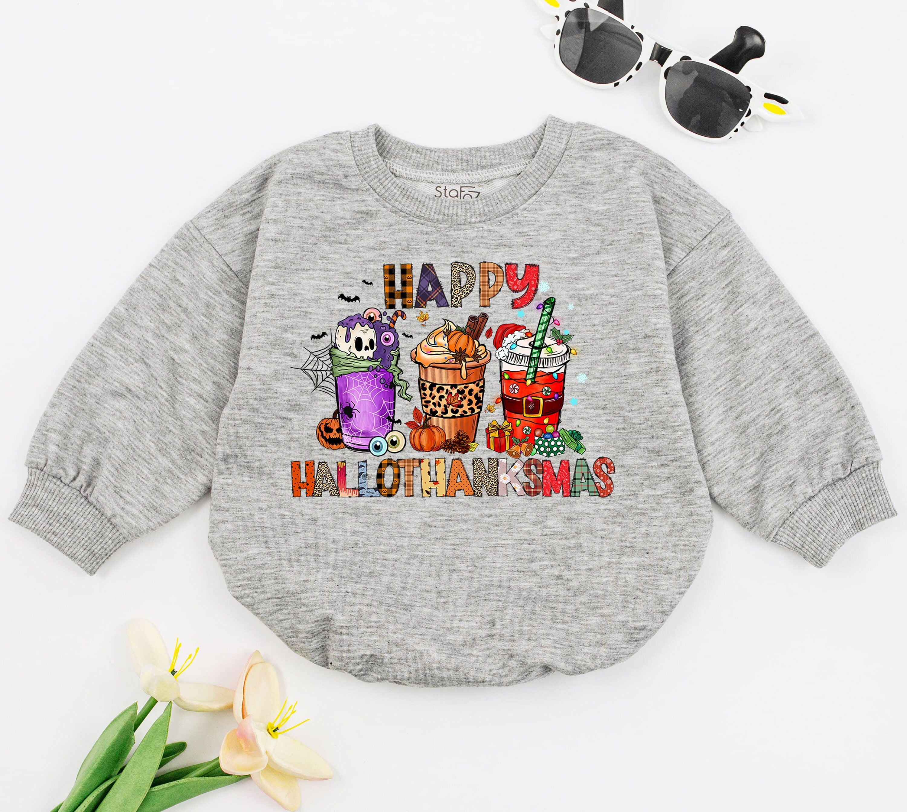 Happy Hallothanksmas Baby Romper Festive Coffee Outfit Halloween Thanksgiving Christmas Bodysuit Gift Cotton Soft Comfortable