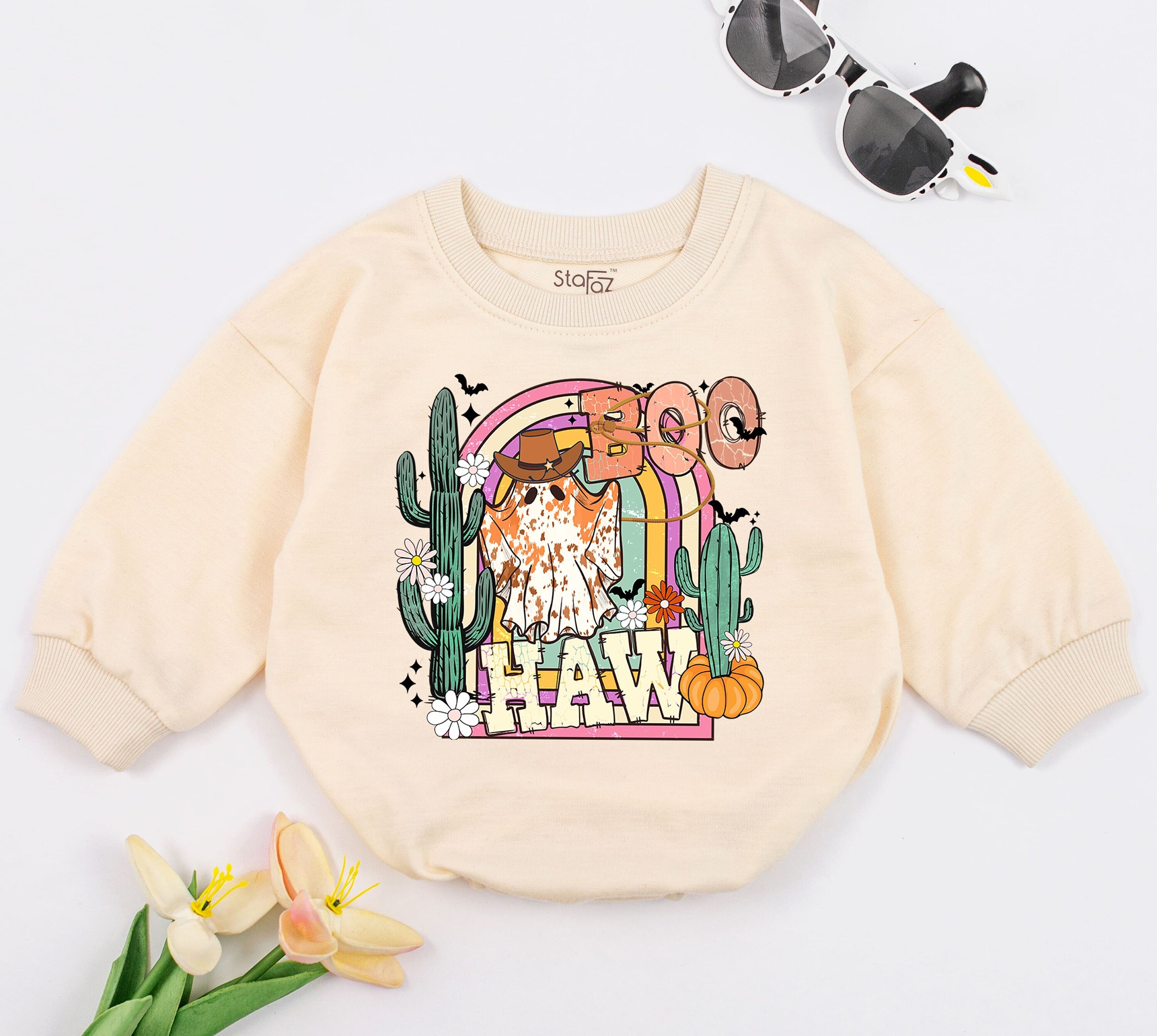 Boo-Haw Baby Romper Long Sleeve Halloween Outfit Western Ghost Cowboy Hat Cactus Pumpkins Fall Infant Bodysuit Soft Cotton