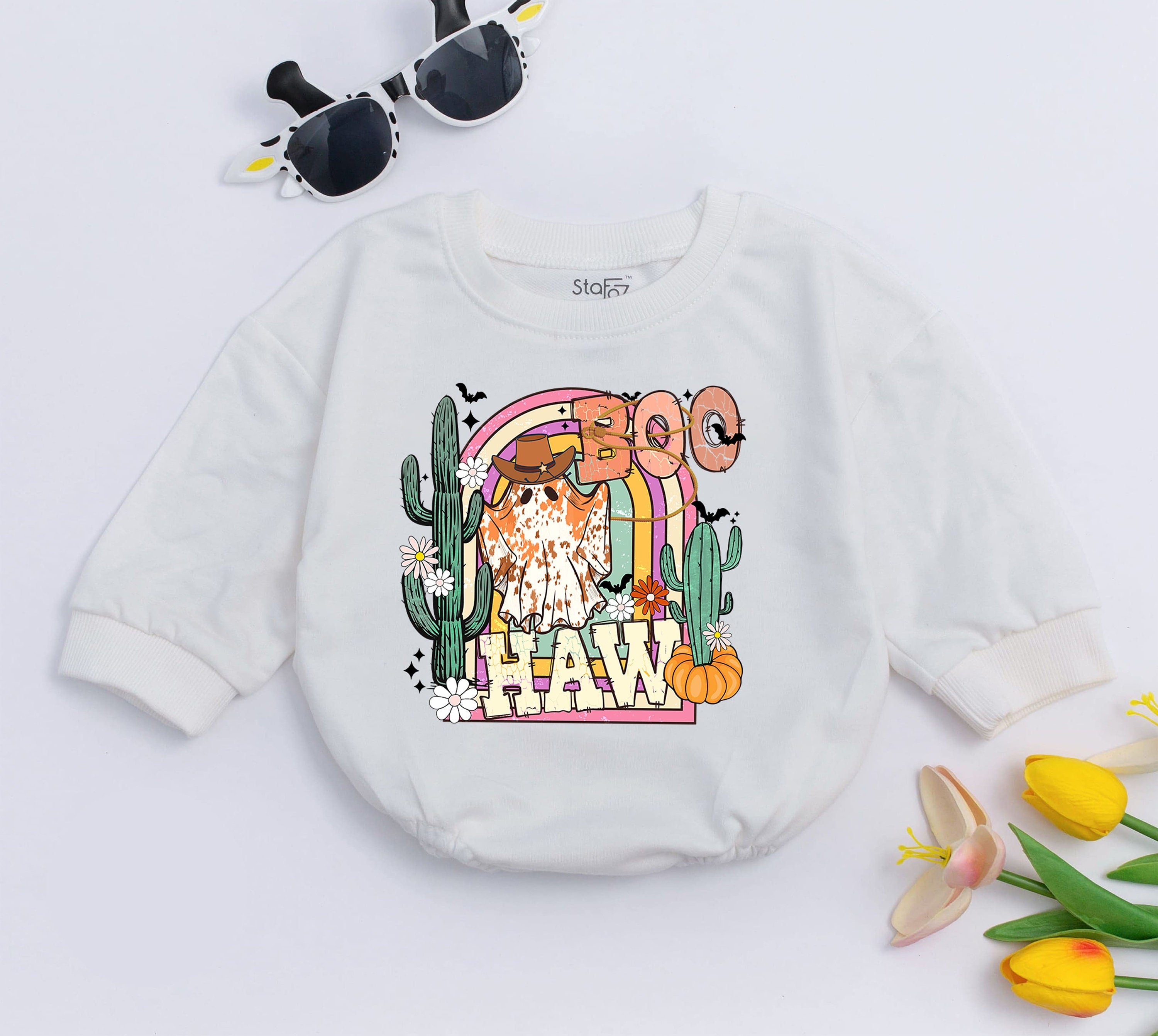 Boo-Haw Baby Romper Long Sleeve Halloween Outfit Western Ghost Cowboy Hat Cactus Pumpkins Fall Infant Bodysuit Soft Cotton