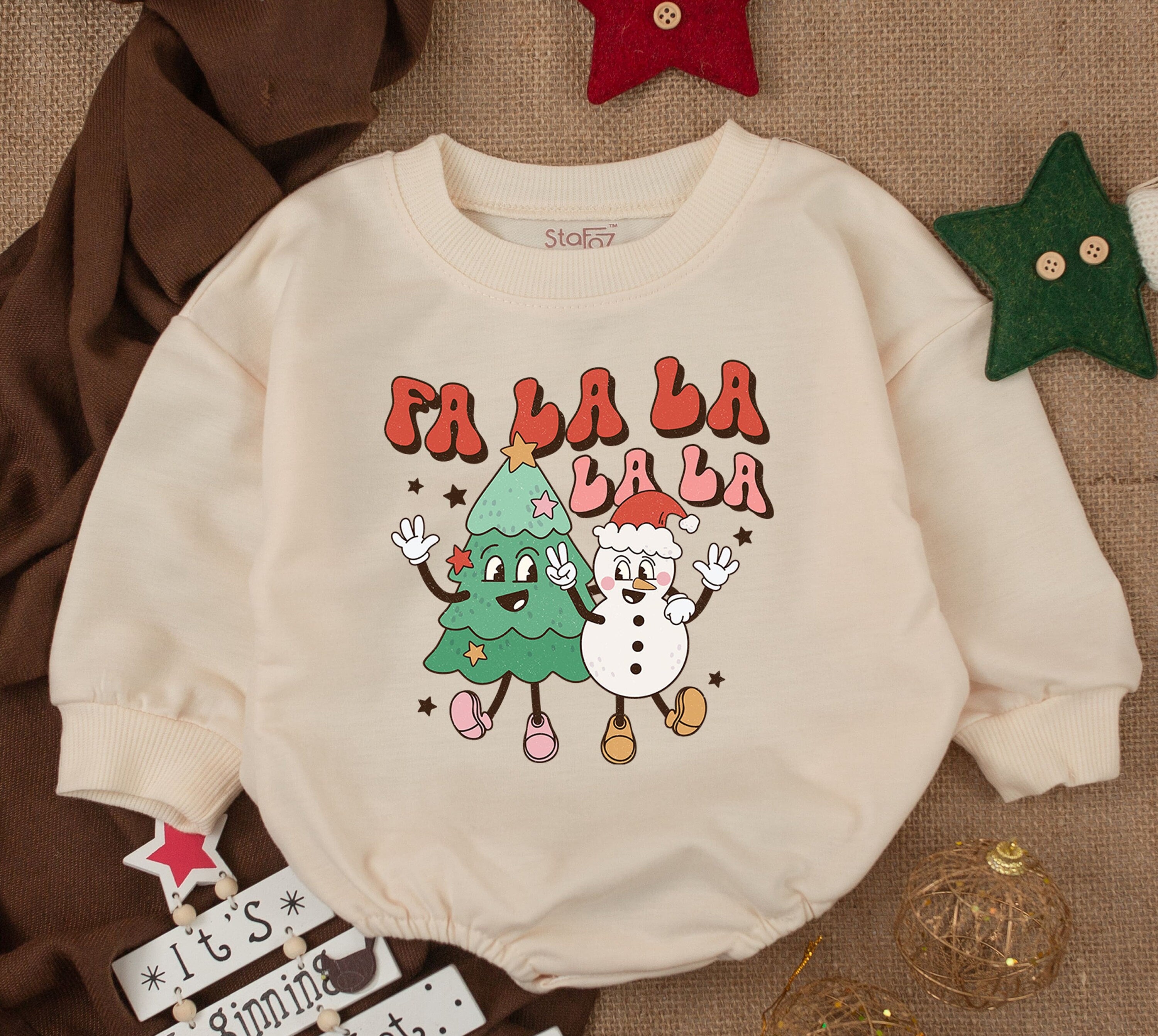 Baby Girl's Retro Christmas Romper Fa La La La La Holiday Outfit with Tree and Snowman Design for Toddler 1st Christmas Gift