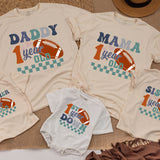 Custom Football 1st Birthday Romper for Baby Boy, 1 Year Down Outfit, Soft Cotton Bodysuit, Perfect for Cake Smash, Family Matching Theme