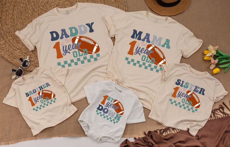 Custom Football 1st Birthday Romper for Baby Boy, 1 Year Down Outfit, Soft Cotton Bodysuit, Perfect for Cake Smash, Family Matching Theme
