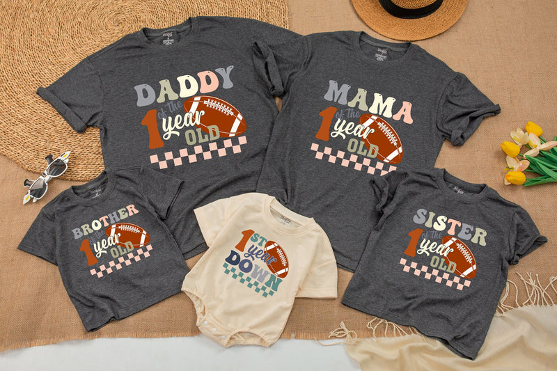 Custom Football 1st Birthday Romper for Baby Boy, 1 Year Down Outfit, Soft Cotton Bodysuit, Perfect for Cake Smash, Family Matching Theme