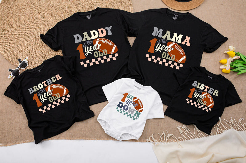 Custom Football 1st Birthday Romper for Baby Boy, 1 Year Down Outfit, Soft Cotton Bodysuit, Perfect for Cake Smash, Family Matching Theme