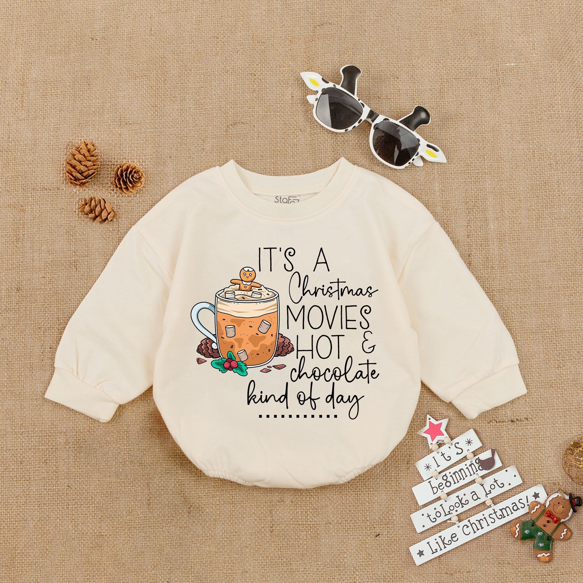 My First Christmas Baby Onesie Cozy Holiday Bodysuit Whimsical Hot Chocolate Design Infant Outfit with Festive Candy Cane and Holly