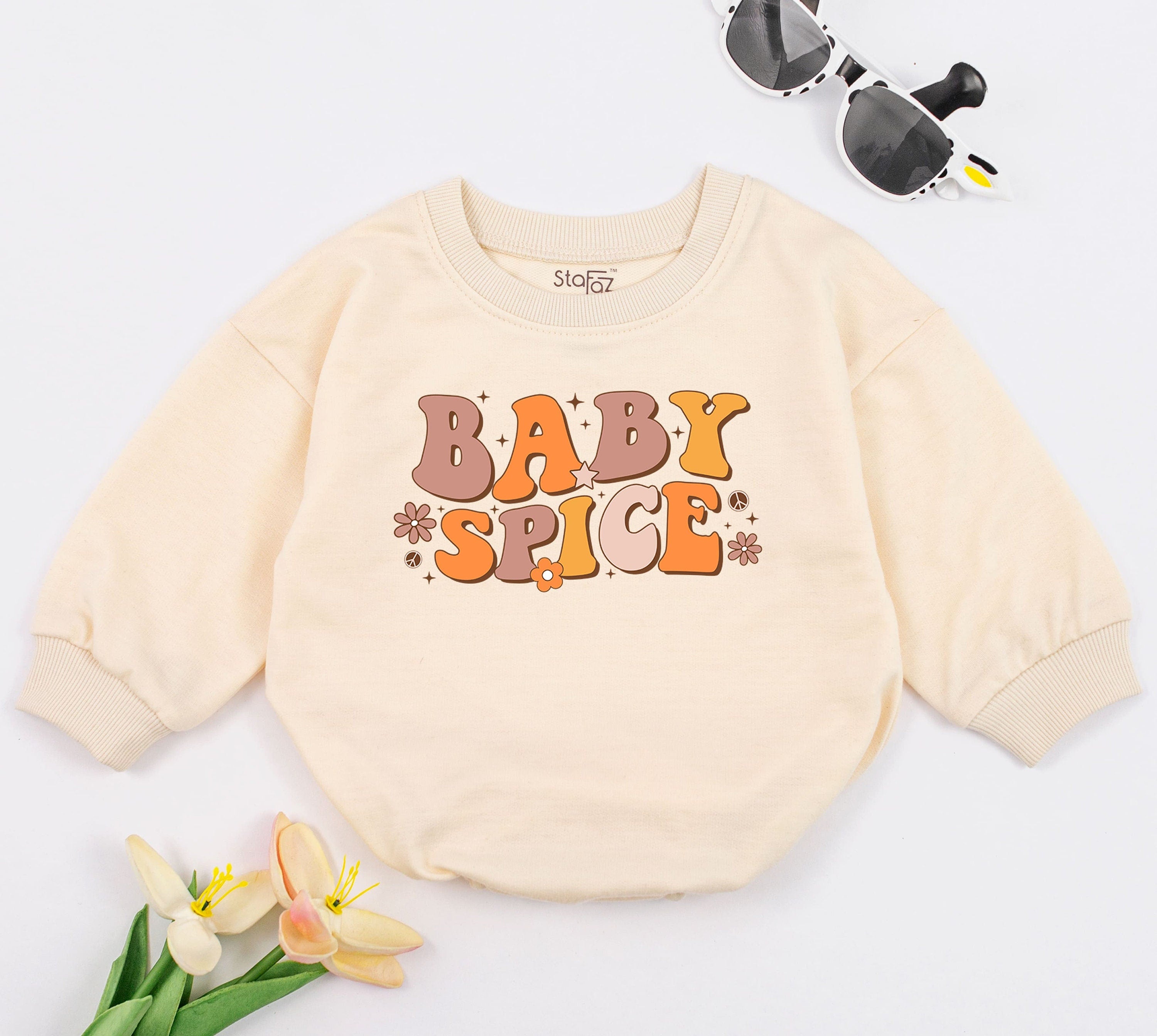 Baby Spice Romper for Girls with 70s Retro Floral Design Soft Cotton Fall Baby Outfit Perfect Shower Gift Pumpkin Bodysuit